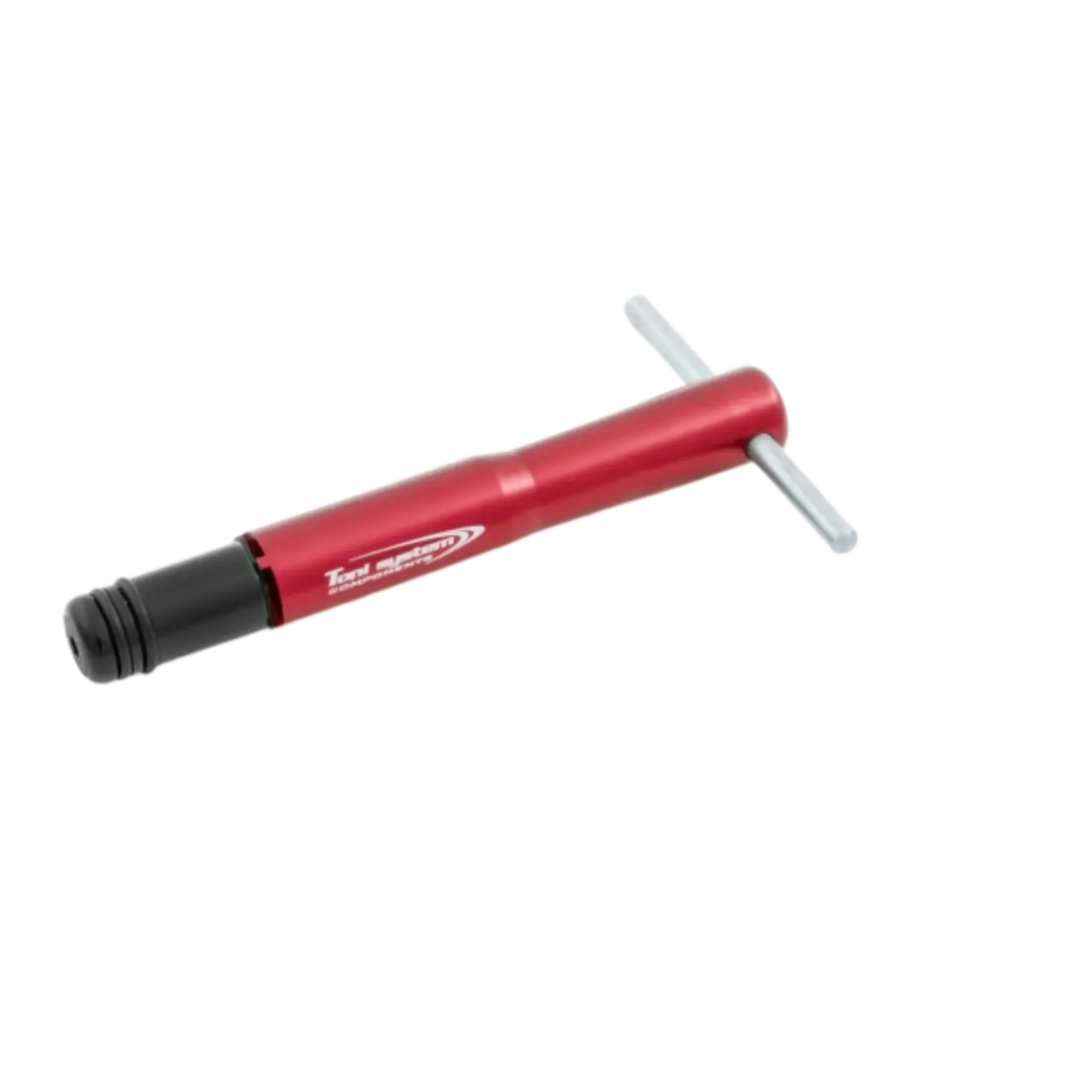 Rotes T-förmiges Werkzeug mit schwarzem Griffende, beschriftet mit 'Toni System' mit 90 mm Länge.