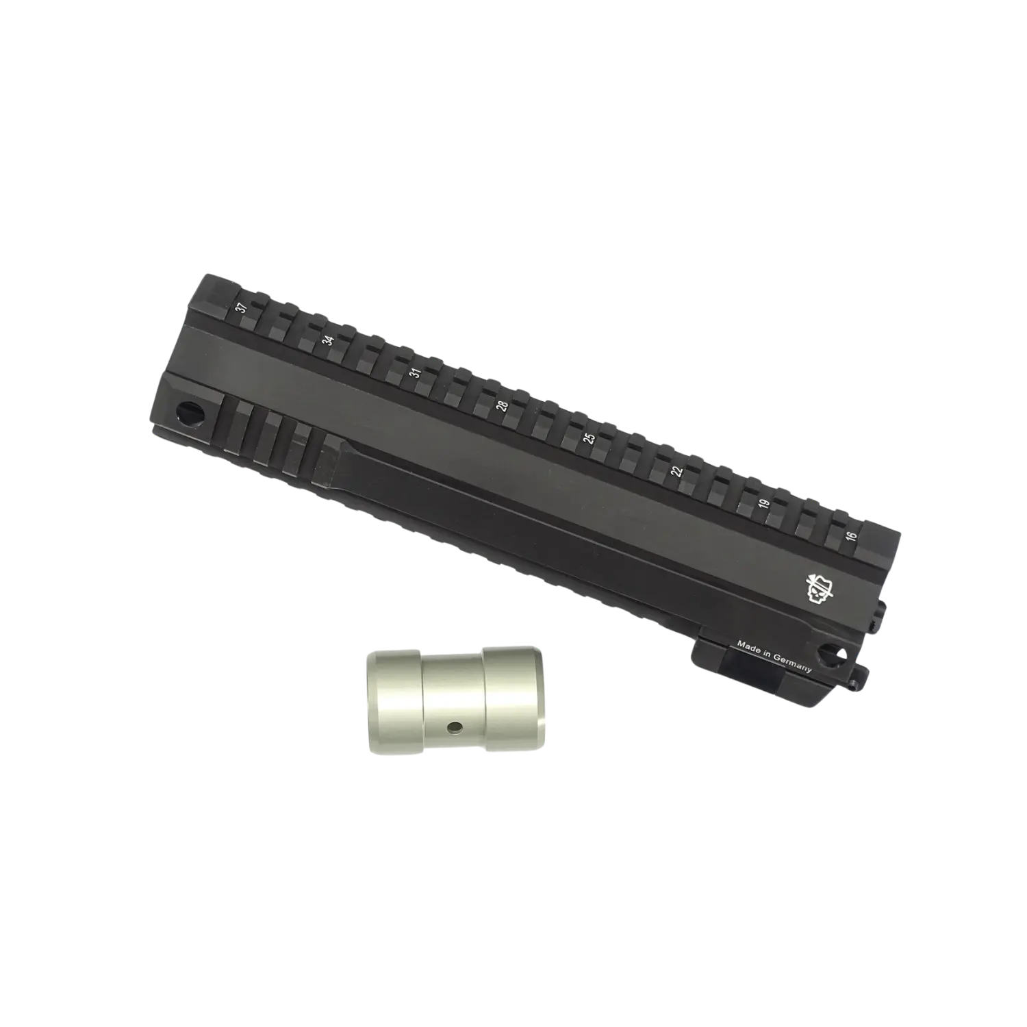 Schwarzer OA Modular Sporting Rail Handschutz mit Montagemöglichkeit und silbernem zylindrischem Zubehörteil