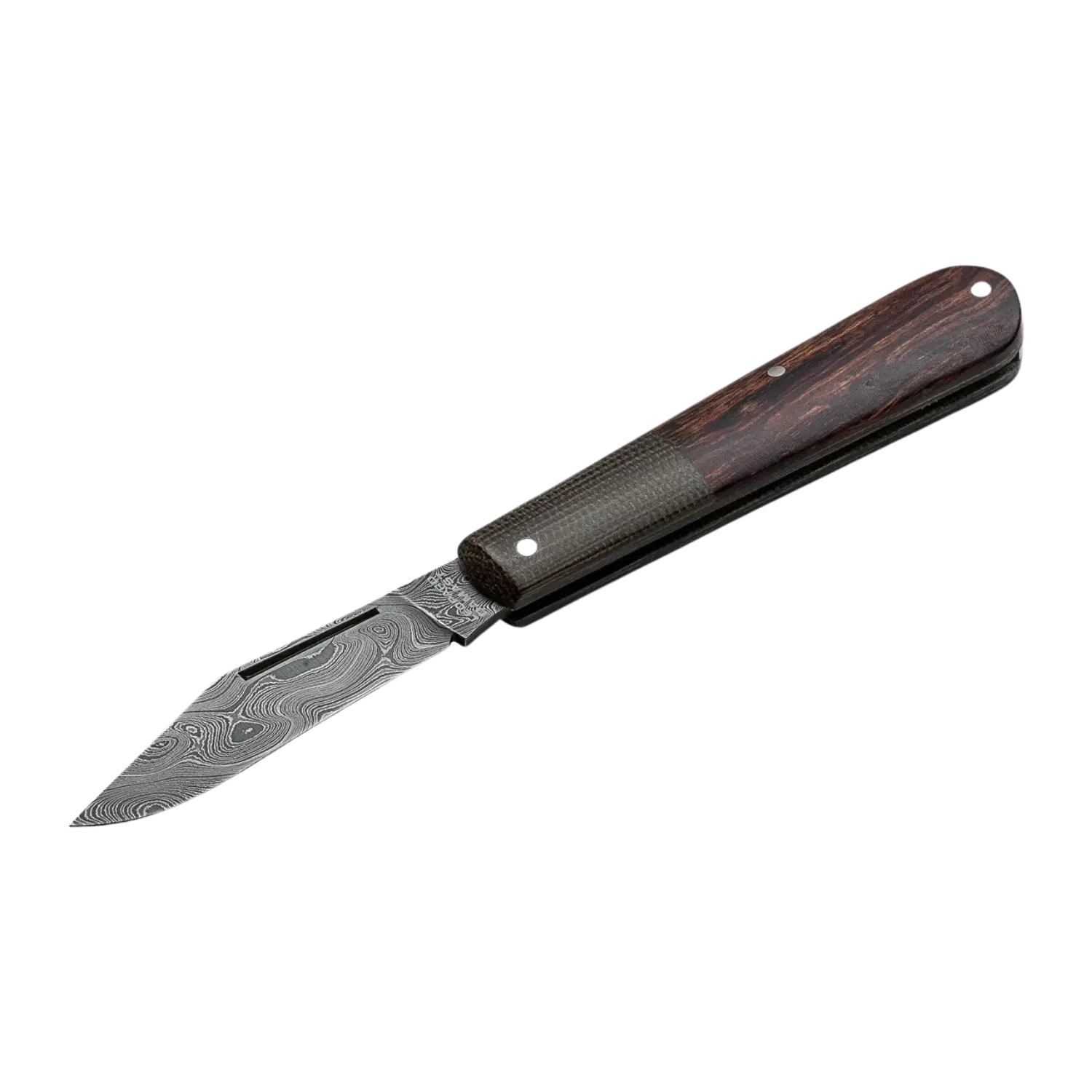 Böker Barlow Integral Leopard-Damast Taschenmesser mit gemustertem Damaststahlklinge und dunkelbraunem Holzgriff.