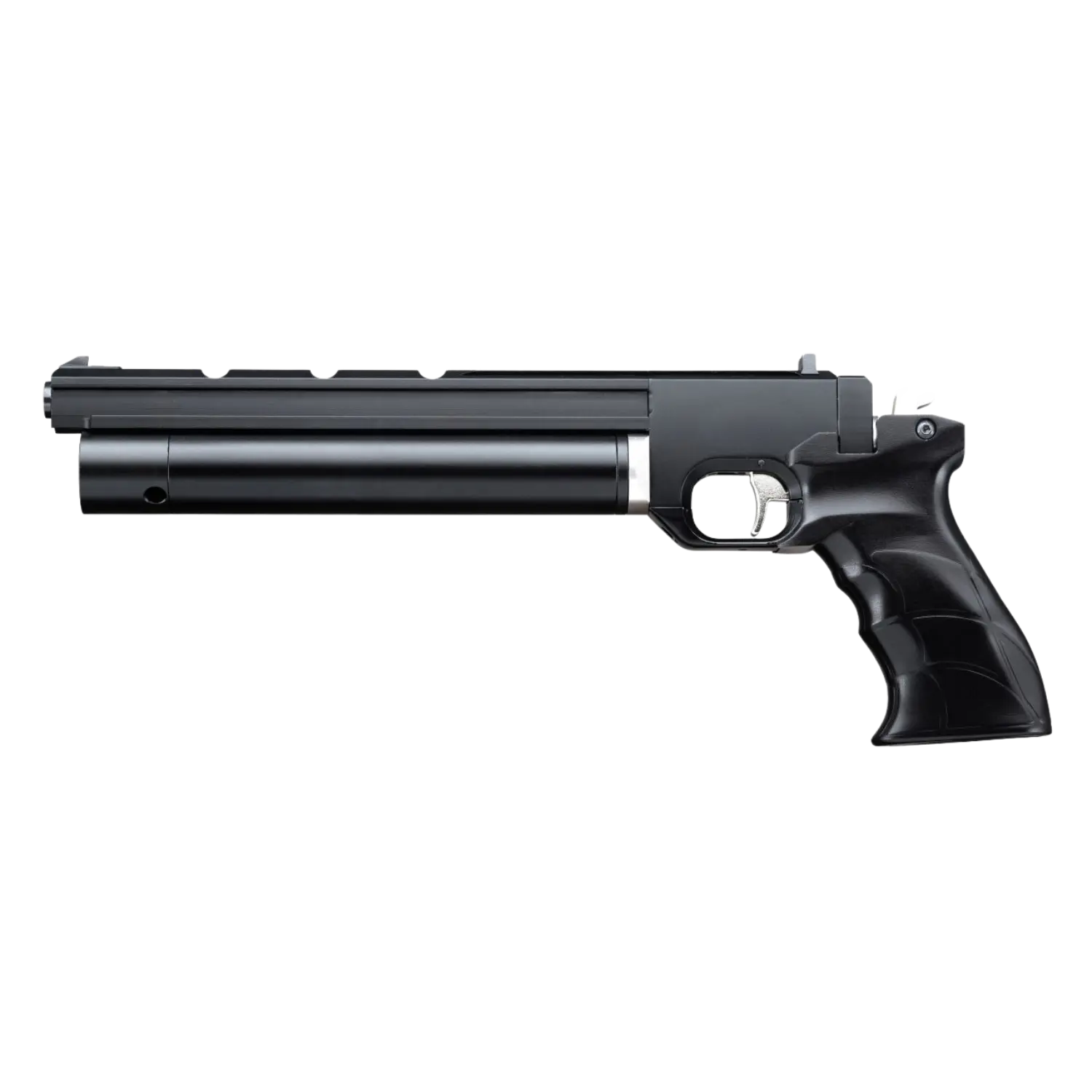 Schwarze Luftpistole mit ergonomischem Griff und langem Lauf, Modell Airmax PCP PP700S.