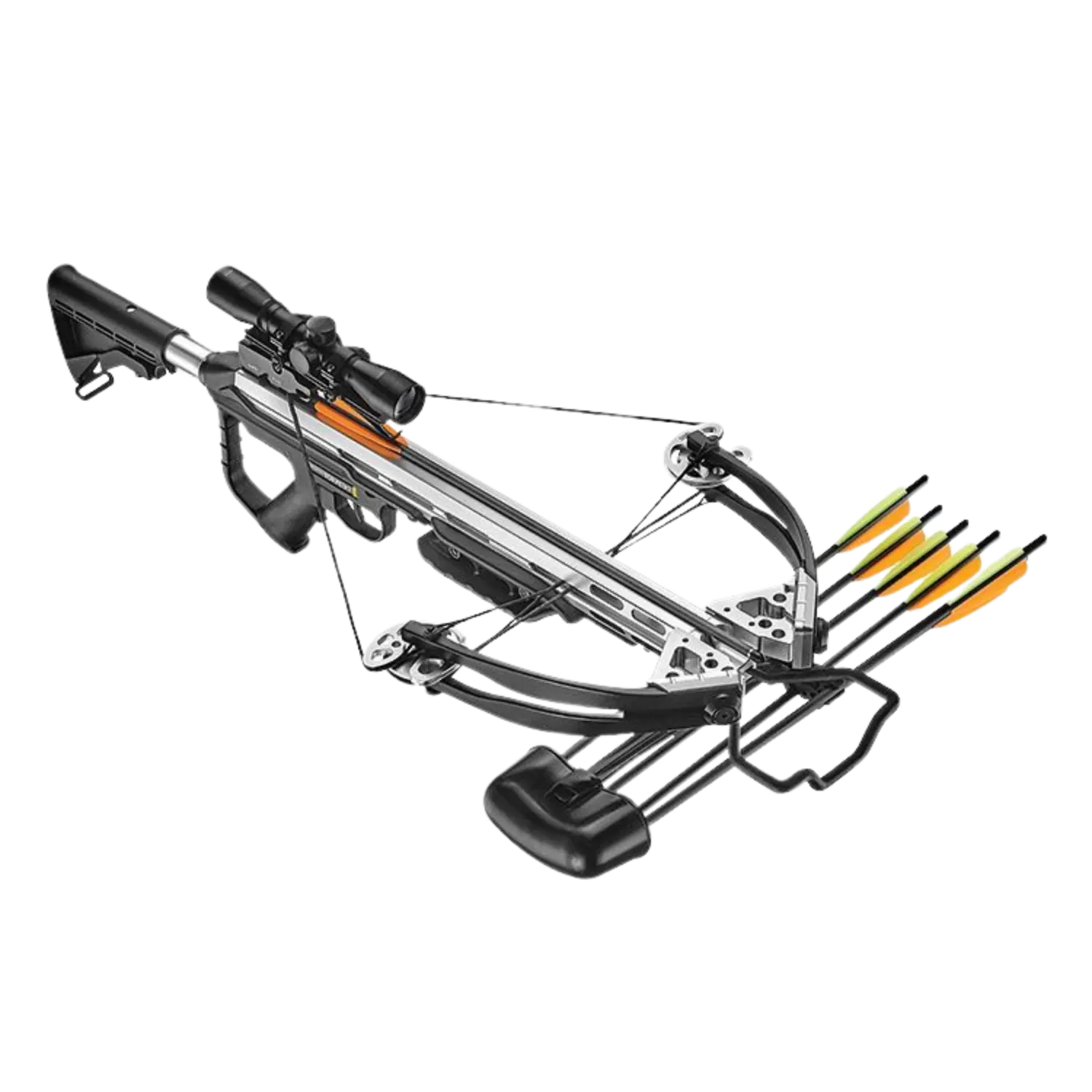 Moderne Armbrust mit schwarzem Schaft, Zielfernrohr, Spannvorrichtung und fünf Pfeilen mit orangefarbenen Federn.
