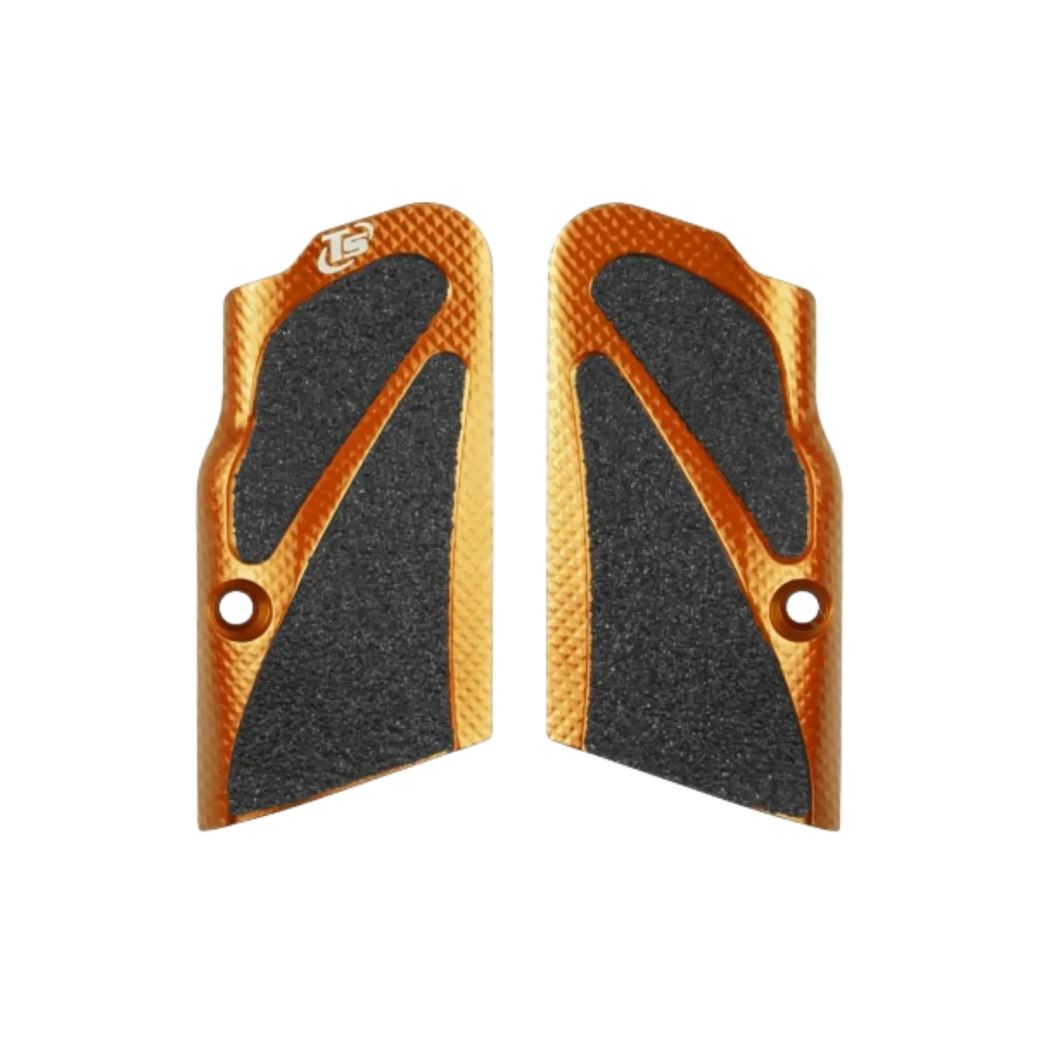 Zwei orangefarbene Griffschalen mit schwarzer, strukturierter Einlage und dem Logo "TS" oben links