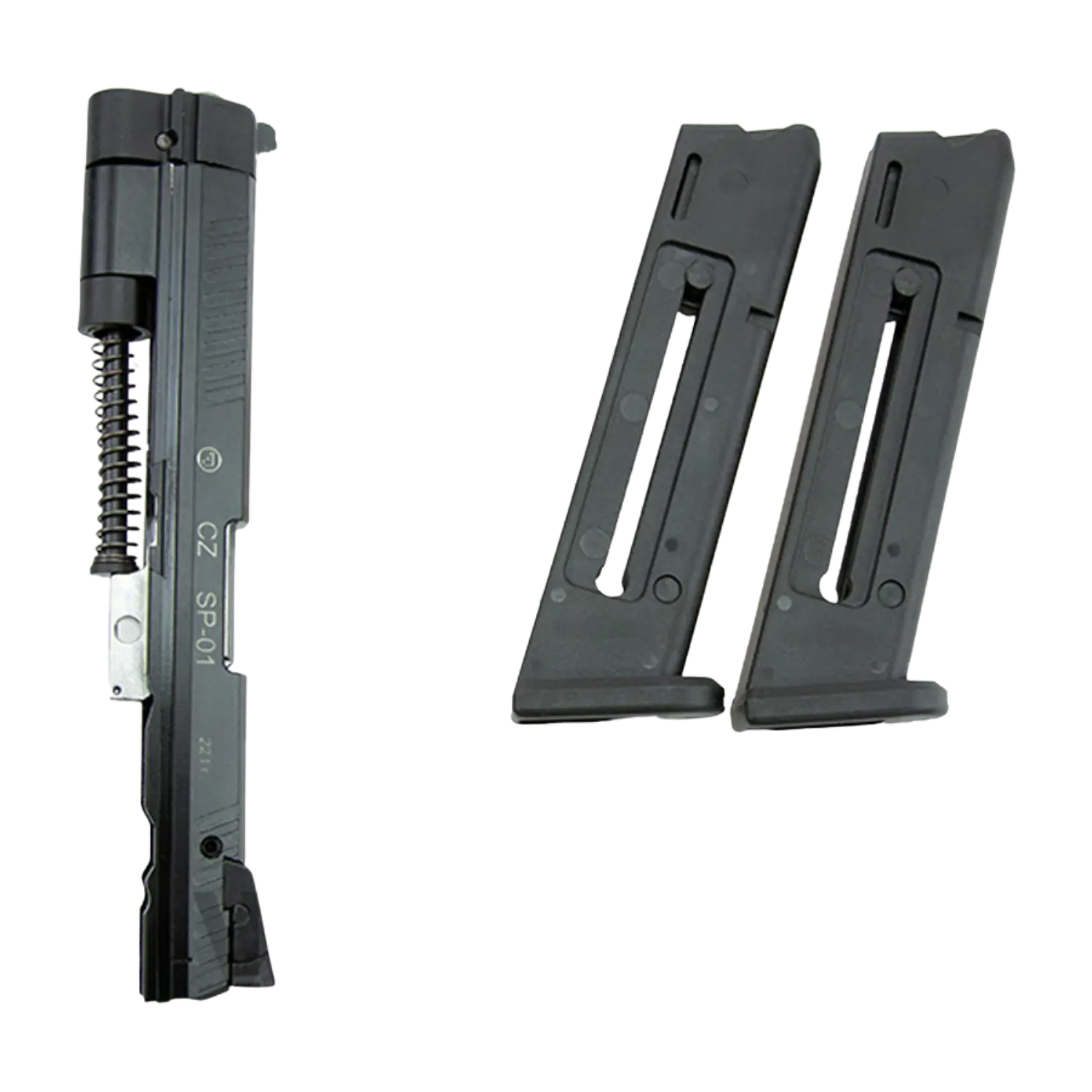 Wechselsystem CZ für Shadow SP-01 Kadet Kaliber .22lfb Wechselsystem CZ für Shadow SP-01 Kadet Kaliber .22lfb, bestehend aus einem schwarzen Schlitten mit Feder und zwei schwarzen Magazinen.