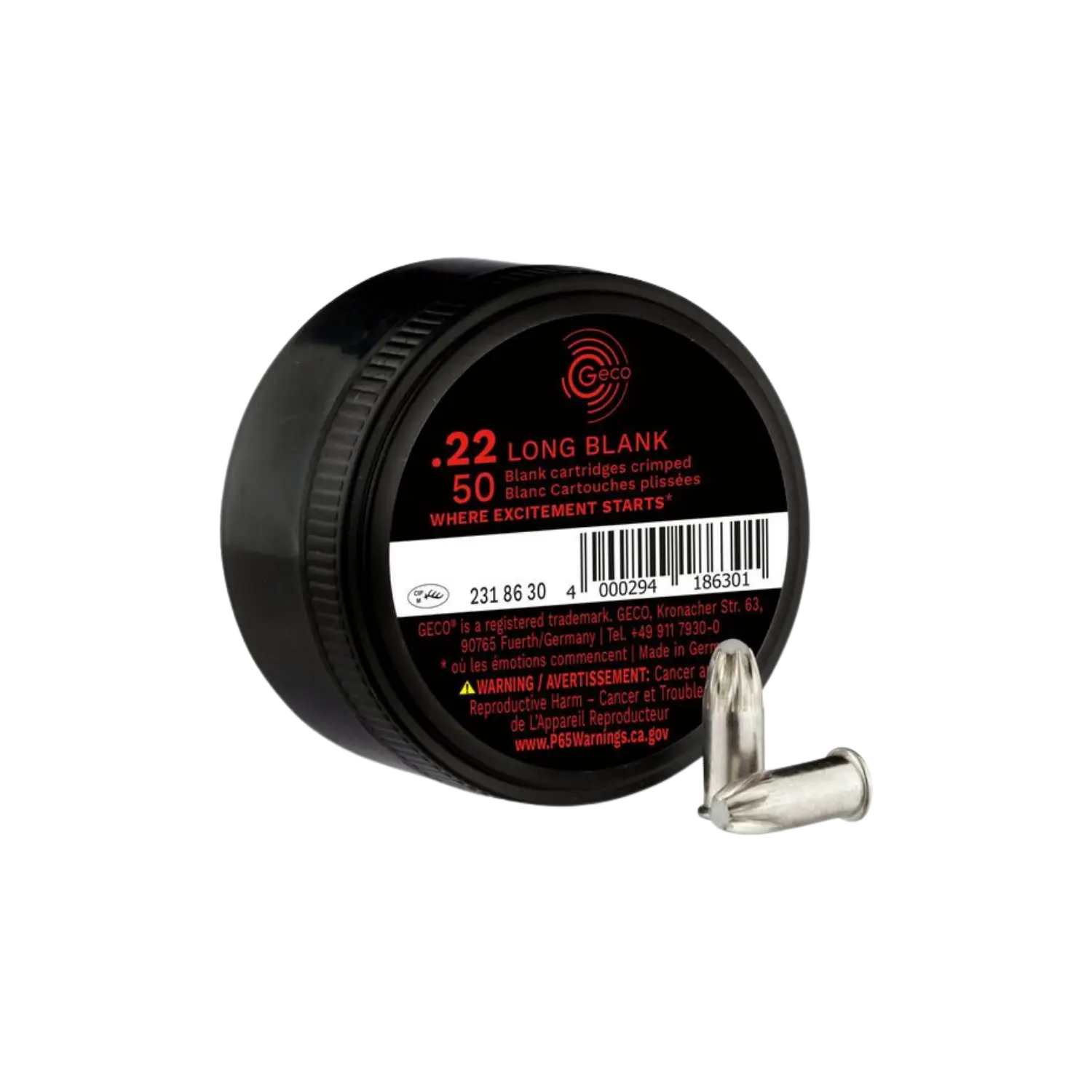 Runde schwarze Kunststoffdose mit rotem Aufdruck '.22 LONG BLANK 50' und zwei silbernen Knallpatronen davor.