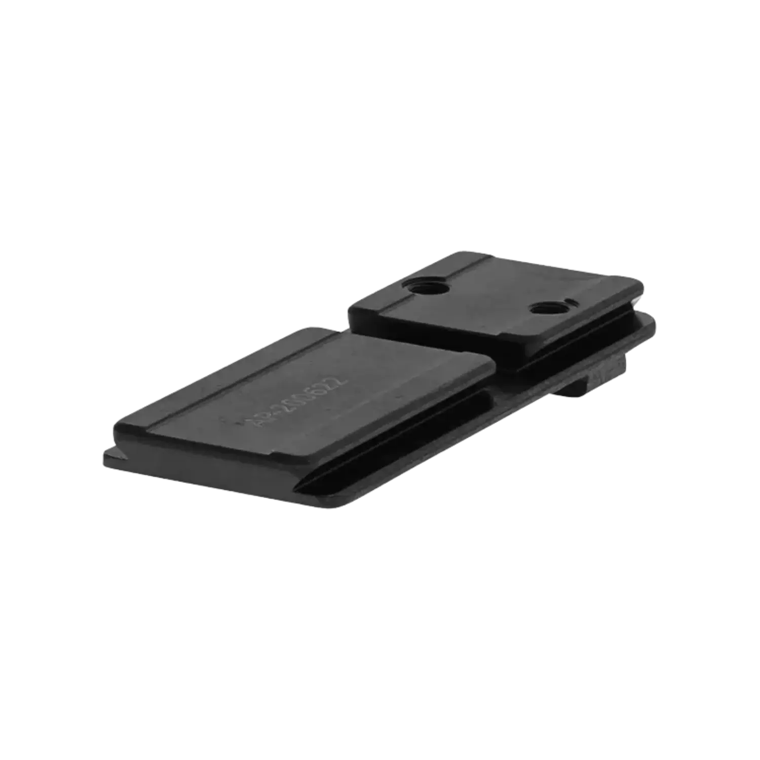Schwarze Aimpoint Acro Montageplatte aus Metall mit zwei Befestigungslöchern, passend für Glock-Pistolen.