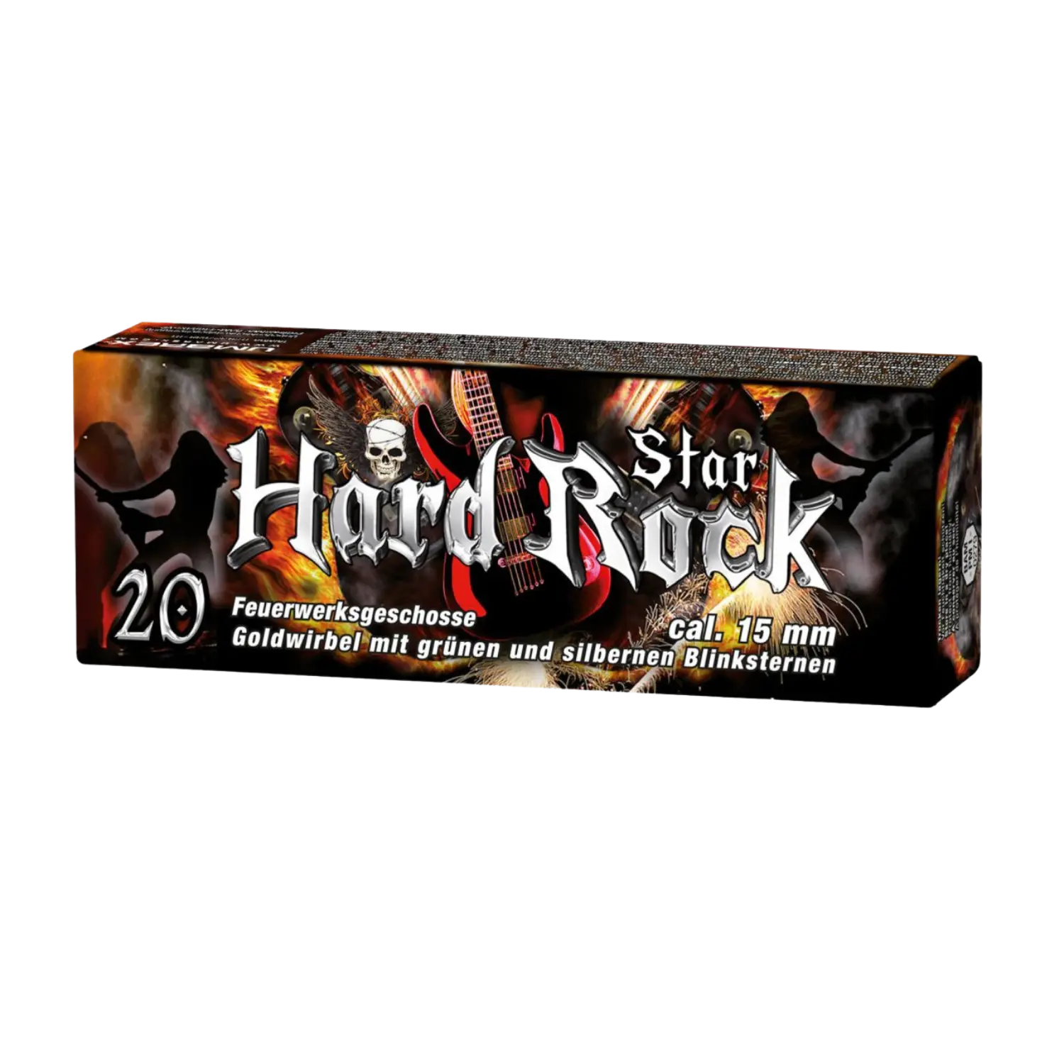 Hard Rock Pyro Star 20 Teile Verpackung mit der Aufschrift 'Hard Rock Star', zeigt eine Totenkopf-Grafik, Gitarren und Feuer, enthält 20 Feuerwerksgeschosse, Kaliber 15 mm.