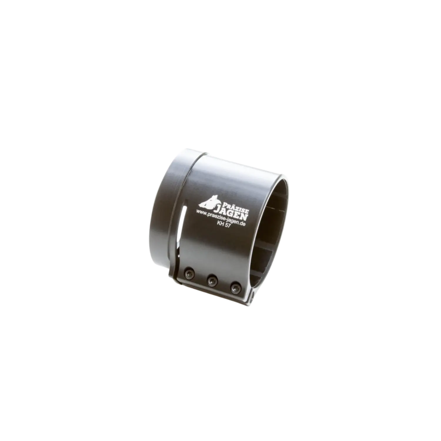 Präzise Jagen Klemmhülse KH-57 – 57 mm Außendurchmesser Metallische Klemmhülse mit drei Schrauben, aufgedrucktem Logo 'Präzise Jagen' und Modellbezeichnung 'KH 57'