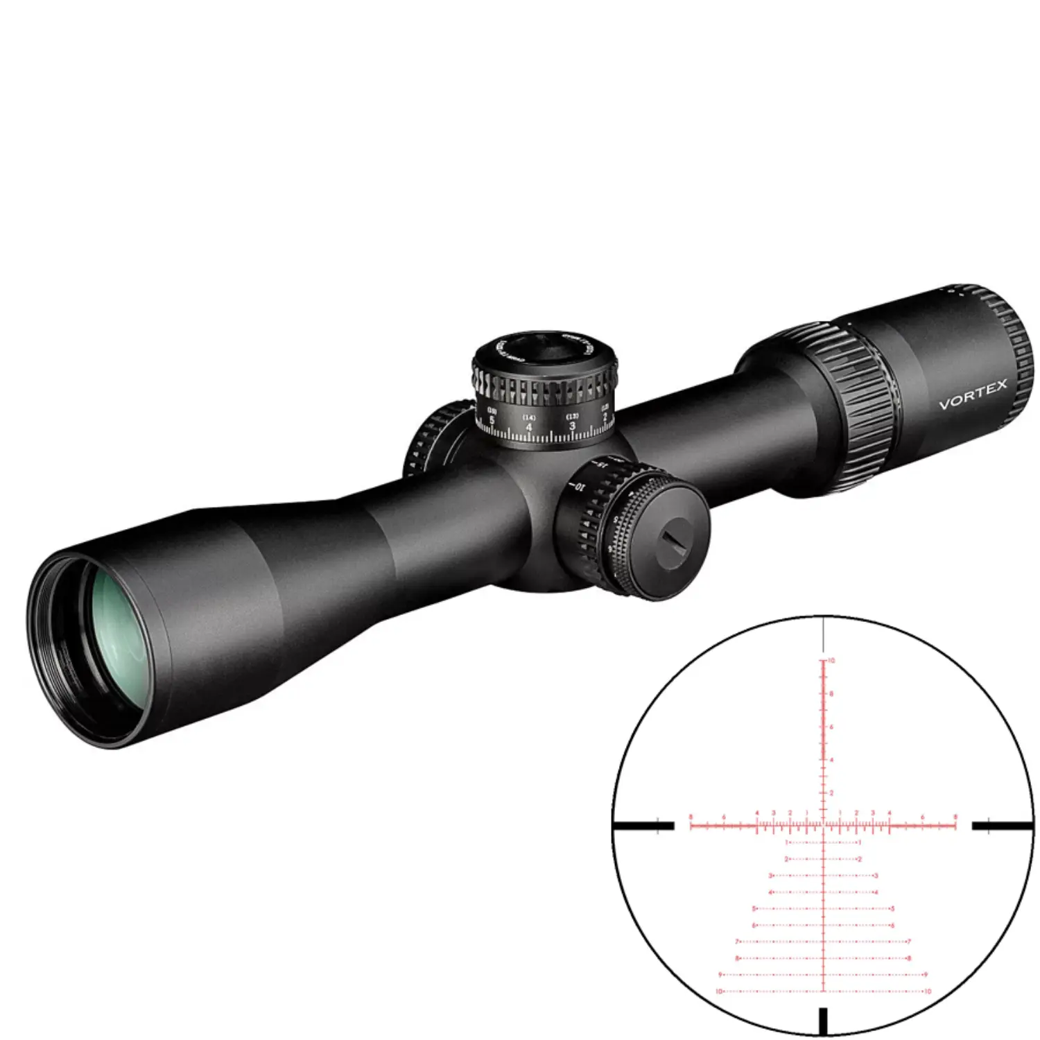 Vortex Strike Eagle Zielfernrohr 3-18x44 FFP EBR-7C MRAD Schwarzes Zielfernrohr mit Einstelltürmen und vergrößerter Sicht auf das rote Absehen mit Skalen und Markierungen, Marke Vortex sichtbar.
