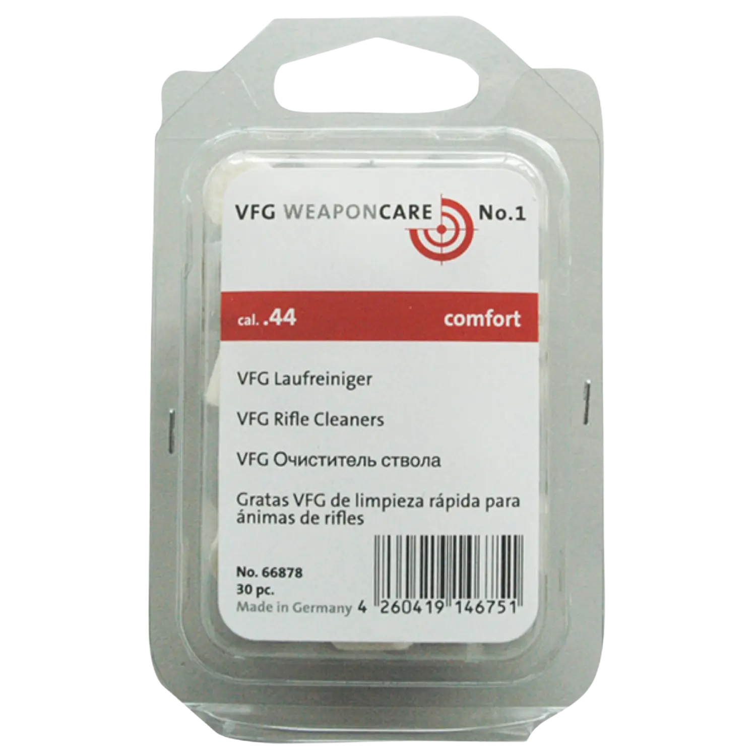 VFG Laufreiniger comfort 30St. - Kaliberauswahl .44 I .45 Transparente Kunststoffverpackung mit weißem Etikett, Aufdruck 'VFG WEAPONCARE No.1', Kaliber '.44 comfort', Produktname 'VFG Laufreiniger' in mehreren Sprachen, Barcode und Hinweis 'Made in Germany'.