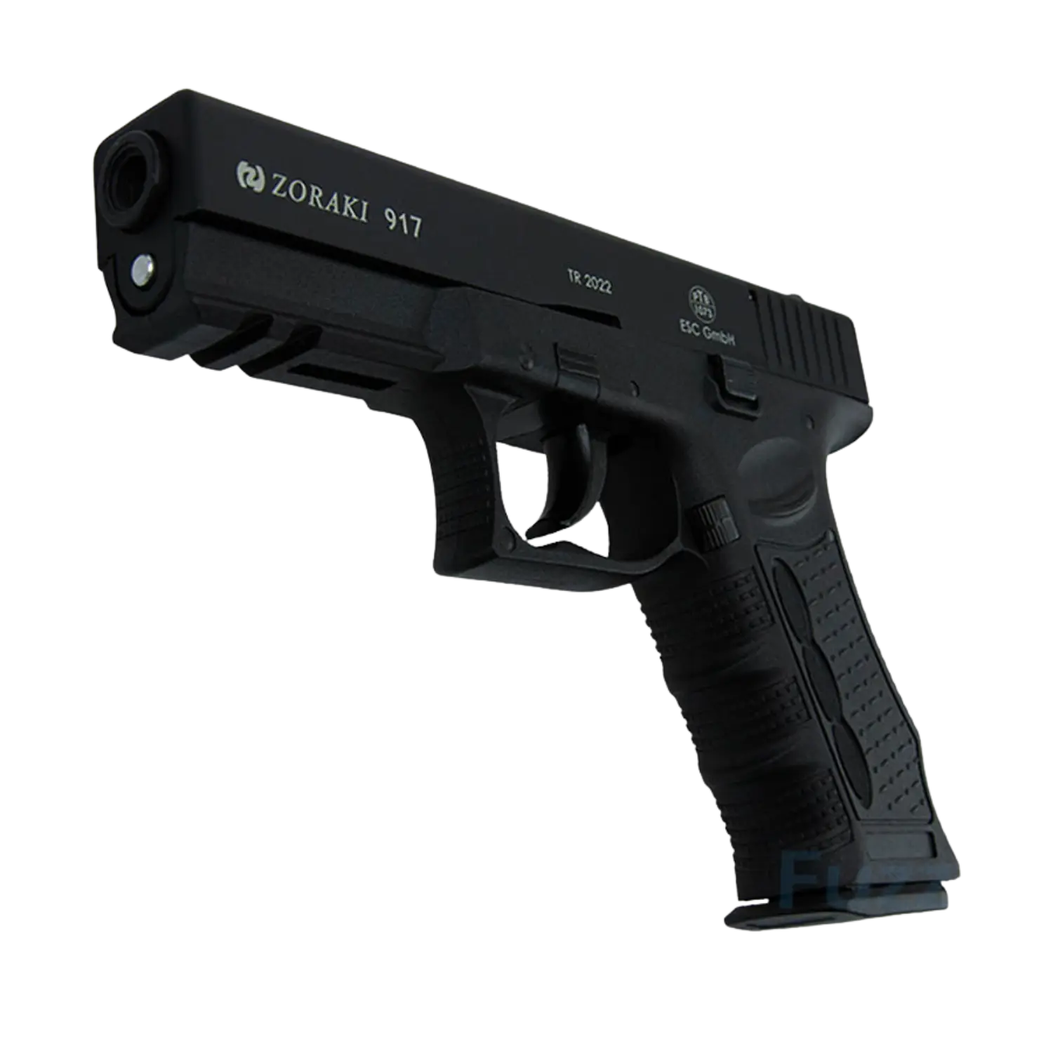 Schwarze Schreckschusswaffe Zoraki 917 mit Griff, Abzug und Lauf, seitliche Beschriftung sichtbar