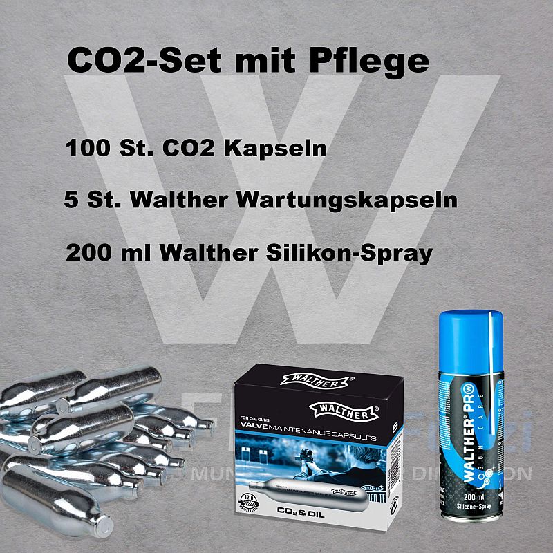 Co2-Set mit 100 St. 12g Co2 Kapseln, 5 St. Wartungskapseln und Walther Silikonspray 200 ml