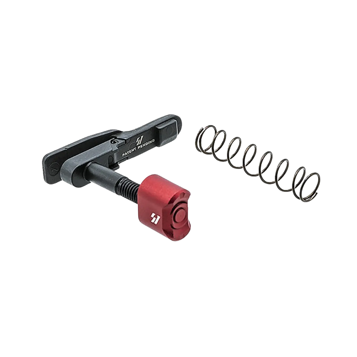 Beidseitig bedienbare Magazinentriegelung für AR-15 mit rotem Hebel und separater Feder.