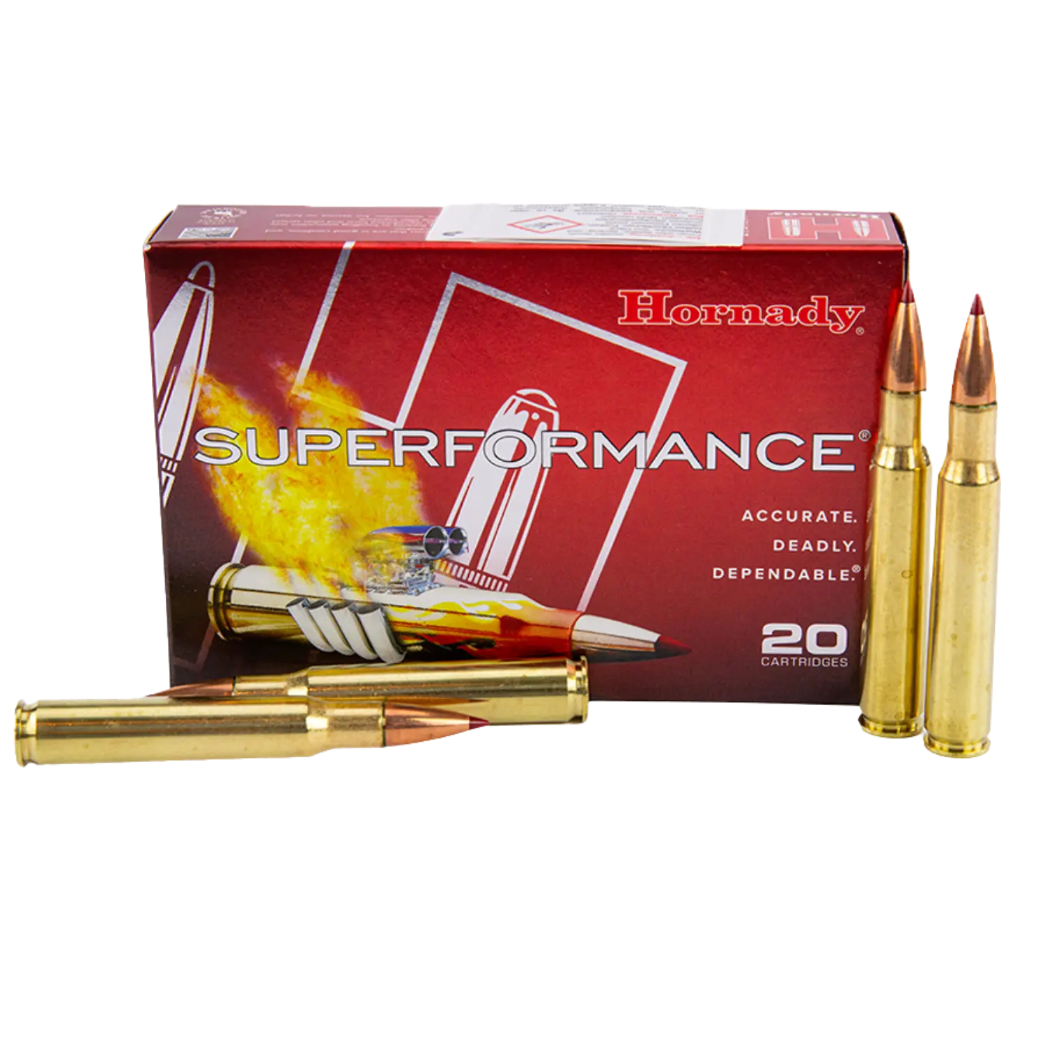 Rote Verpackung mit der Aufschrift 'Hornady Superformance' und vier Patronen des Kalibers 30-06, zwei liegend, zwei stehend.
