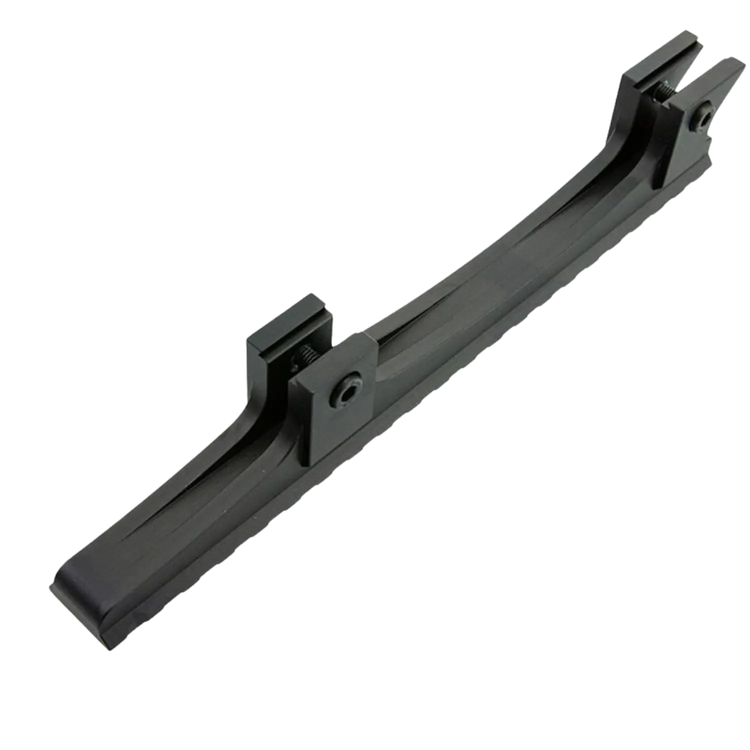 Steyr Weaverschiene hoch 22mm für Pressluftgewehr Schwarze Weaverschiene mit zwei Befestigungselementen und geriffeltem Untergrund, geeignet für Montage auf einer Waffe.