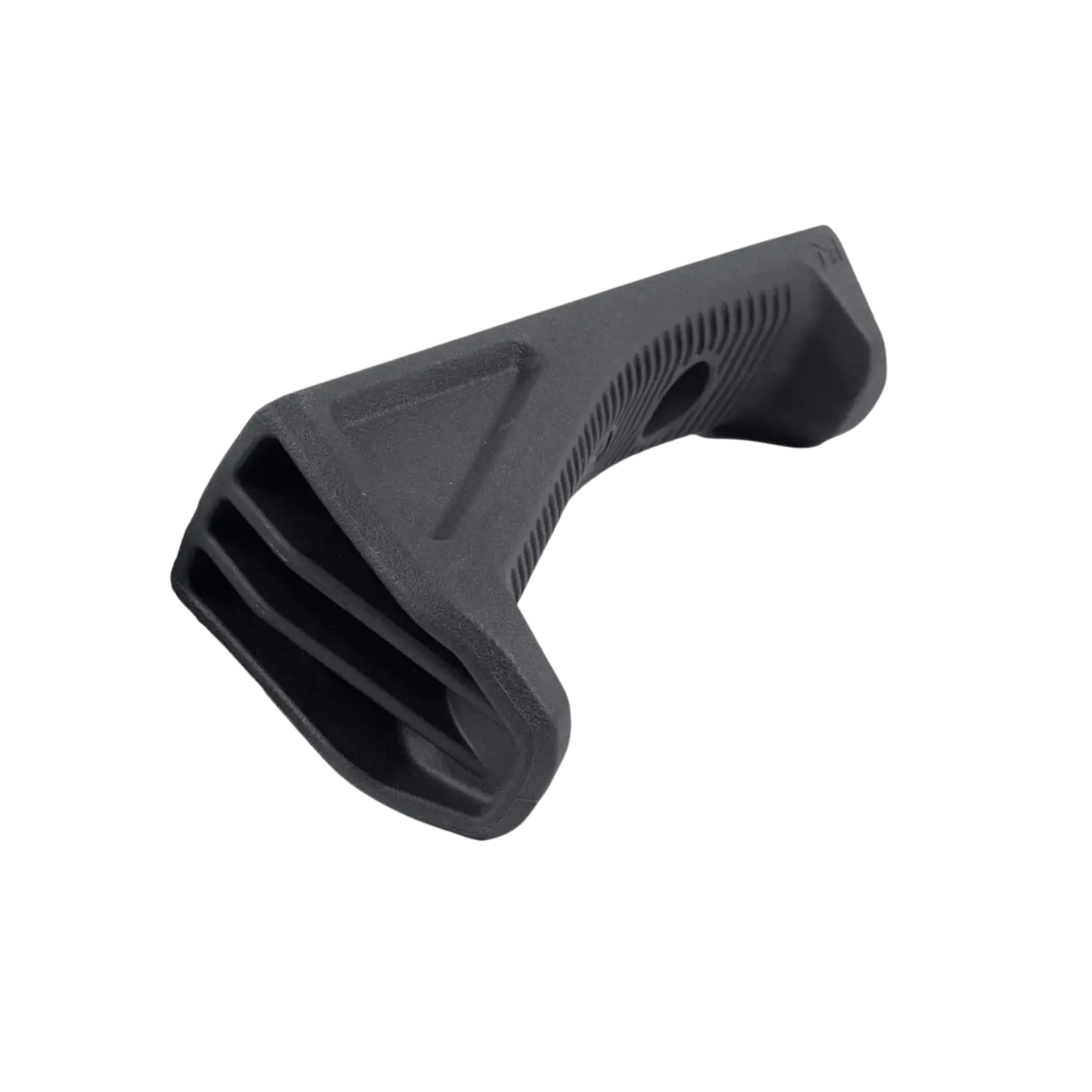 Abgewinkelter Vordergriff mit M-LOK-Befestigung in Grau, mit strukturiertem Griffbereich.