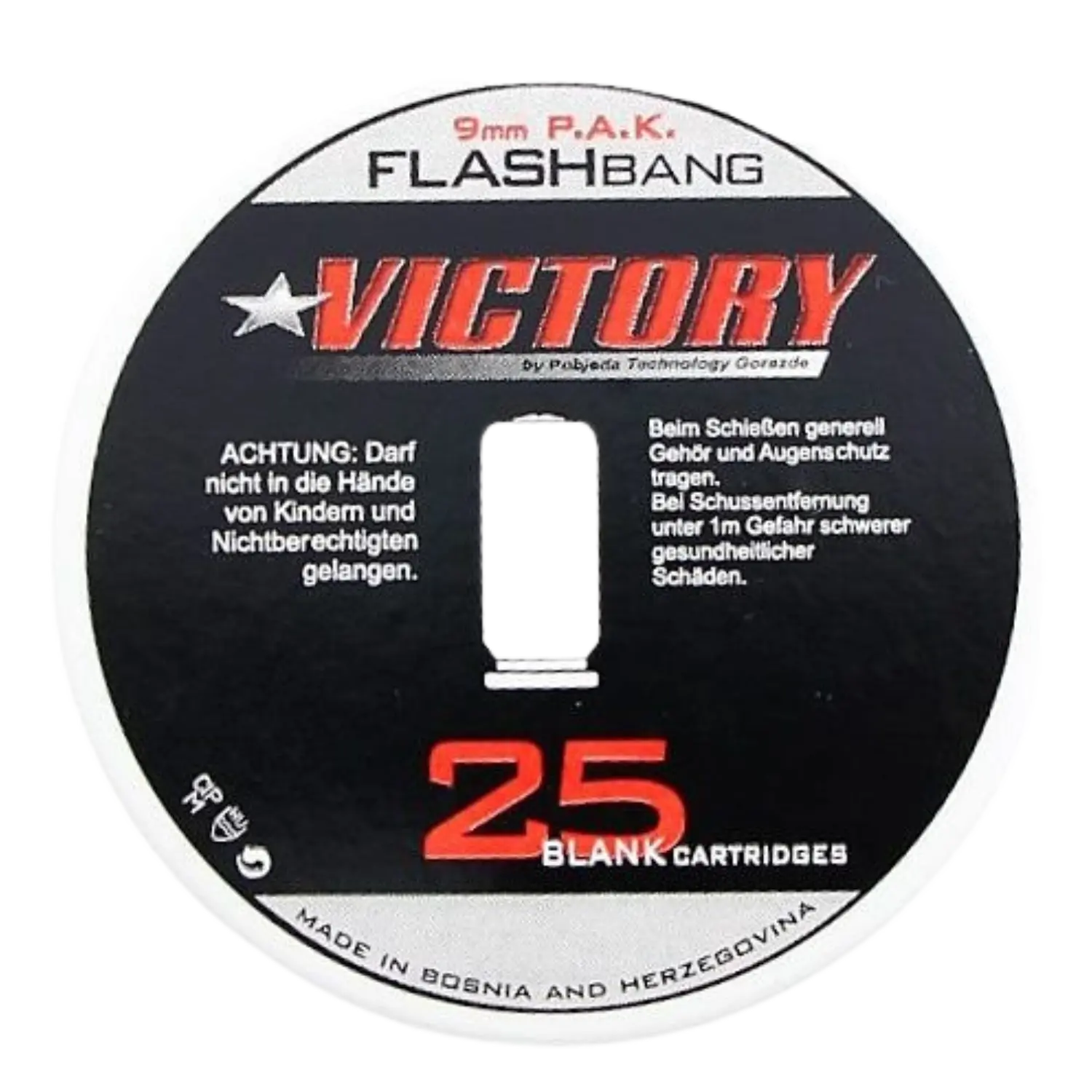 Victory Flashbang Blitz Platzpatronen 9mm PAK Runde Verpackungsetikette für 9mm P.A.K. Flashbang-Patronen der Marke Victory, schwarz mit rotem Schriftzug, Warnhinweise und Hinweis auf 25 Patronen.