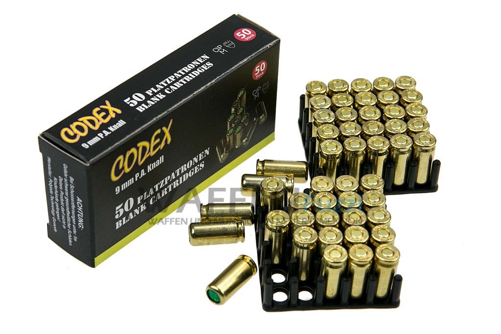 Codex-Pistole-Knallpatronen-50-Schuss-9mm-PAK Codex Knallmunition Kaliber 9mm PAK für Schreckschusspistolen