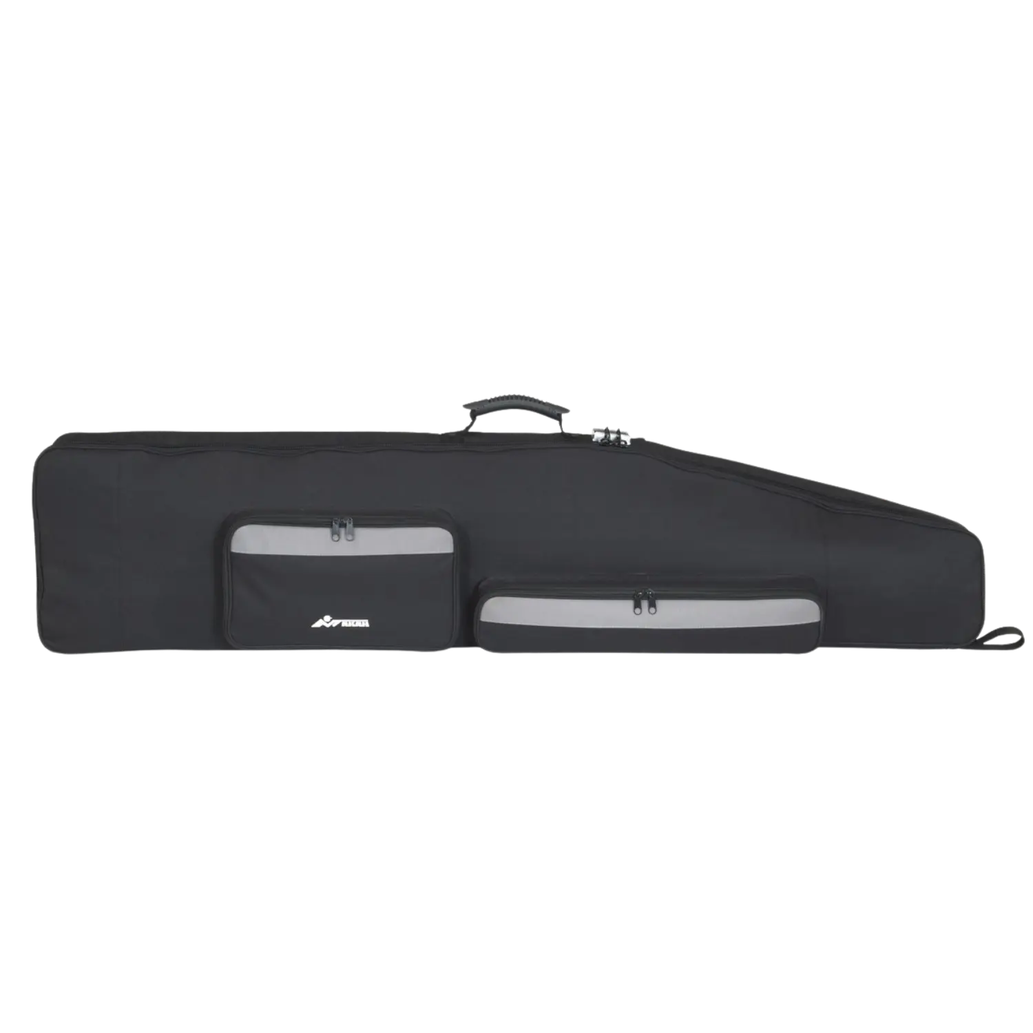 Schwarzes, längliches Futteral mit zwei Reißverschlusstaschen und Tragegriff oben, rechteckige Form mit schräger Oberkante.