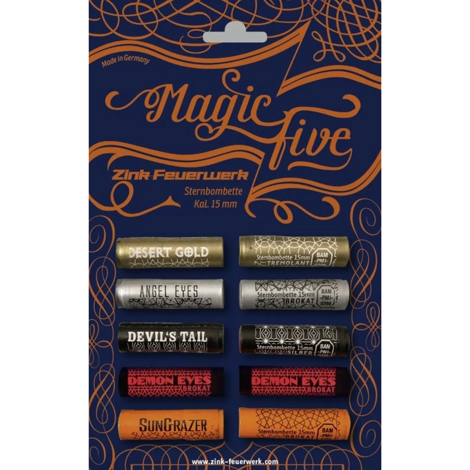 Magic Five 10 Schuss Sternbombetten Finest Zink Feuerwerk Verpackung mit sechs farbigen Sternbombetten der Marke Magic Five von Zink Feuerwerk, jeweils mit Namen und Kaliber 15 mm, in Gold, Silber, Schwarz, Rot und Orange.