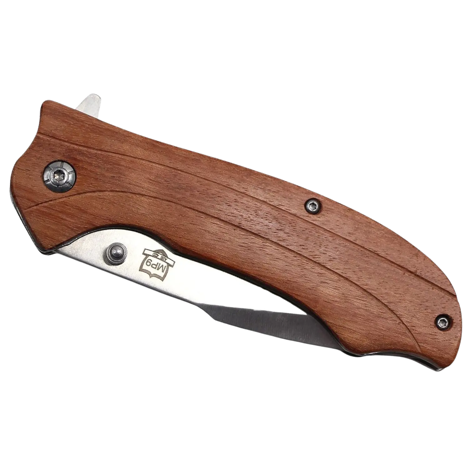 Klappmesser mit Holzgriff und sichtbarem Metallteil mit Gravur 'M&P'