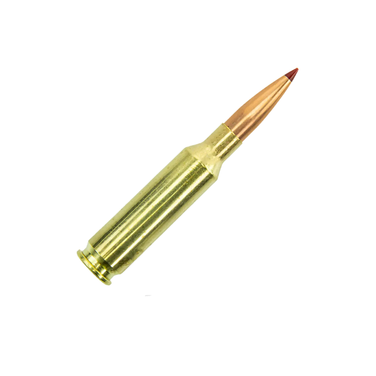Eine Patrone mit einem goldfarbenen Gehäuse und einer spitzen, kupferfarbenen Spitze. Die Patrone ist aufrecht positioniert.