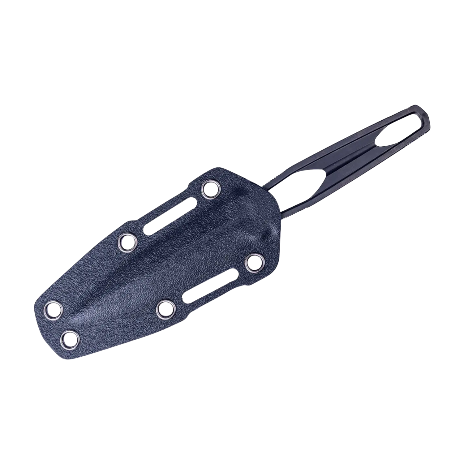 Schwarze Dolchscheide mit mehreren Ösen und langem, schmalem Griff mit Aussparungen