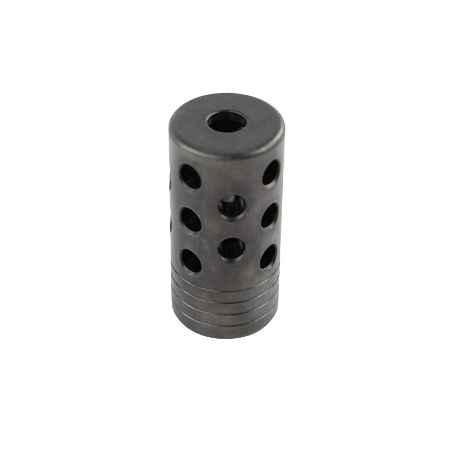 Mündungsbremse für CZ 457 Varmintläufe 1/2" - 20 Zylindrische Mündungsbremse für CZ 457 mit mehreren runden Öffnungen und glatter Oberfläche in dunkler Farbe.
