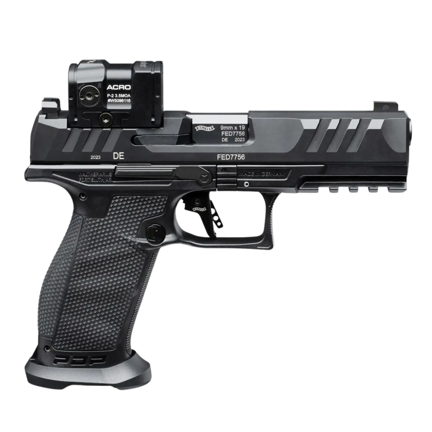 Walther PDP Full Size 9mm, schwarz, mit einem roten Punktvisier auf der Oberseite, rechte Seitenansicht, Griff mit rutschfester Textur.