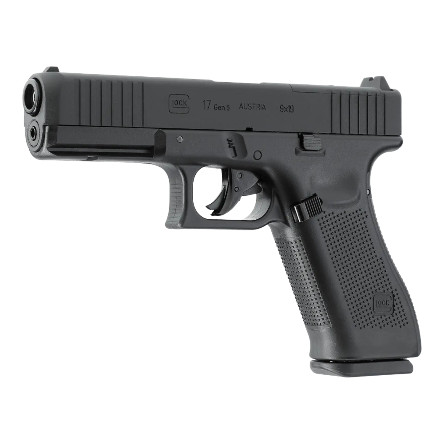 Glock 17 Gen5 MOS BLK CO2 Pistole Kaliber 4,5mm Diabolo Schwarze CO2-Pistole mit geriffeltem Griff, Abzug und Visier, Seitenansicht rechts