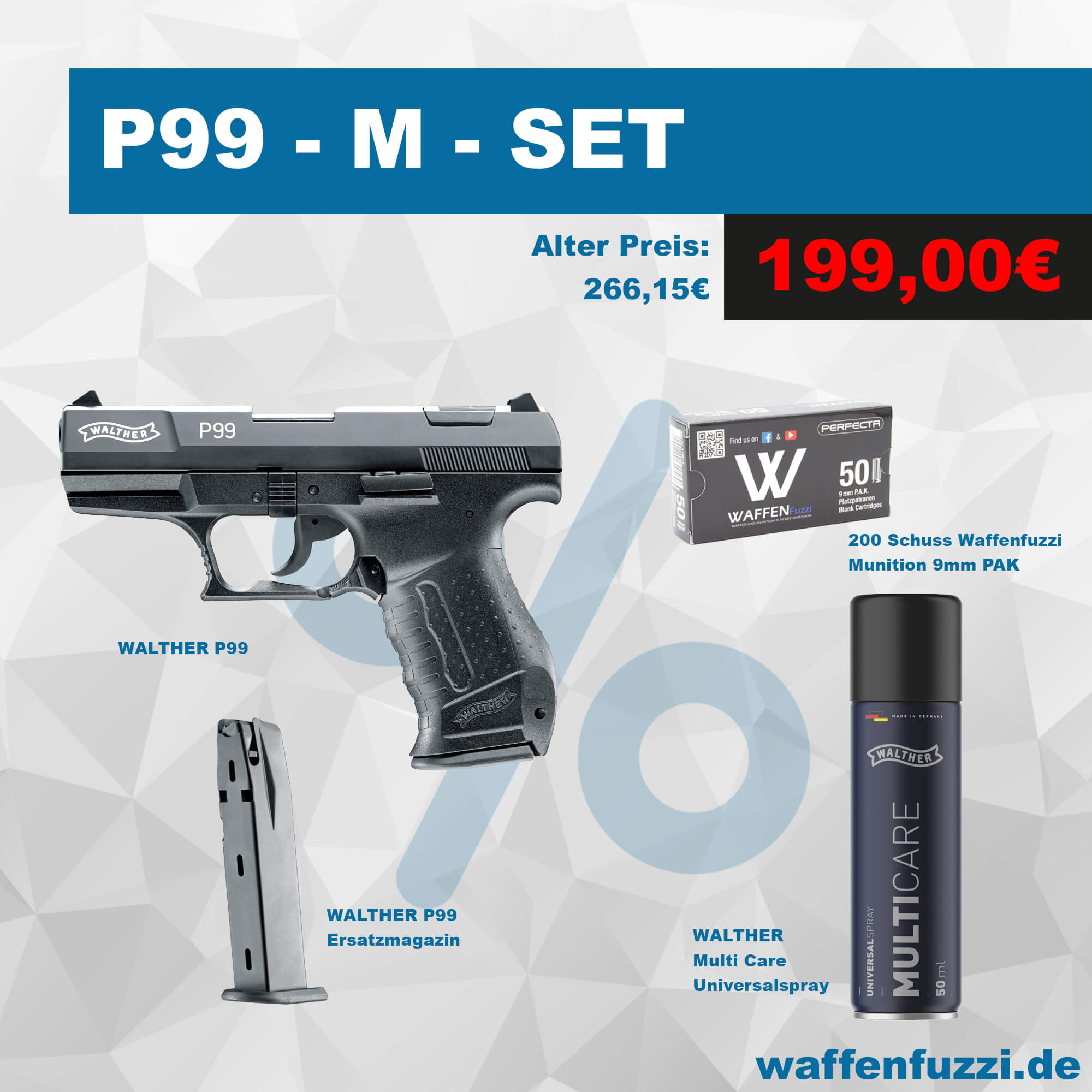 Walther P99 Defense M Set. Effektives und gut durchdachtes Selbstverteidigungs-Set. Über 30% sparen.