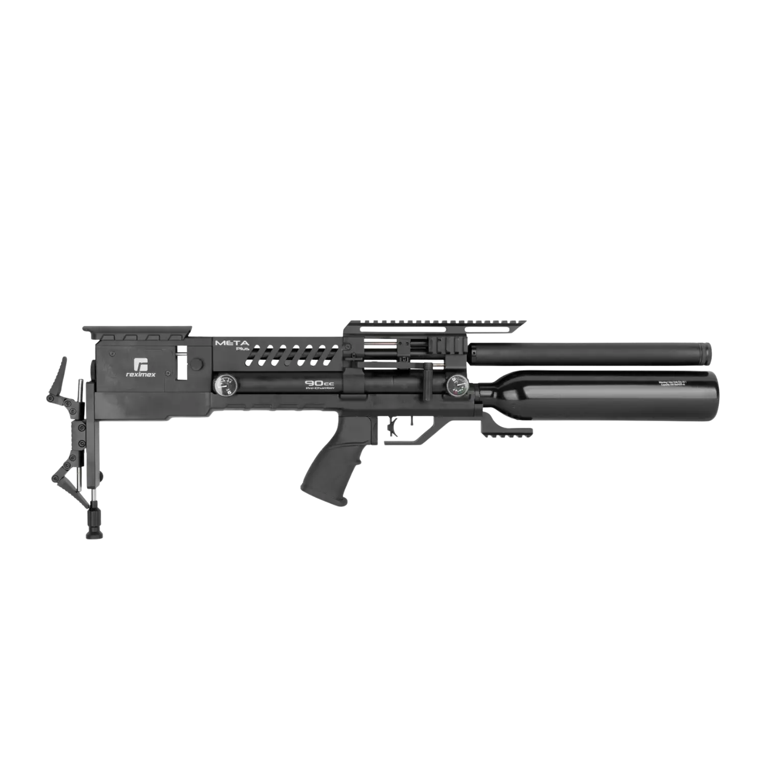 Luftgewehr Reximex Meta Plus mit zwei schwarzen Druckbehältern, einem Schaft mit Picatinny-Schienen und einem abnehmbaren Ständer.