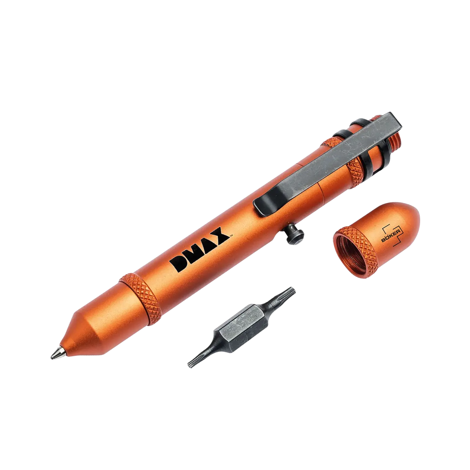 Oranger Bit-Pen Kugelschreiber von DMAX mit integriertem Werkzeug und abnehmbarem Schraubendreherbit