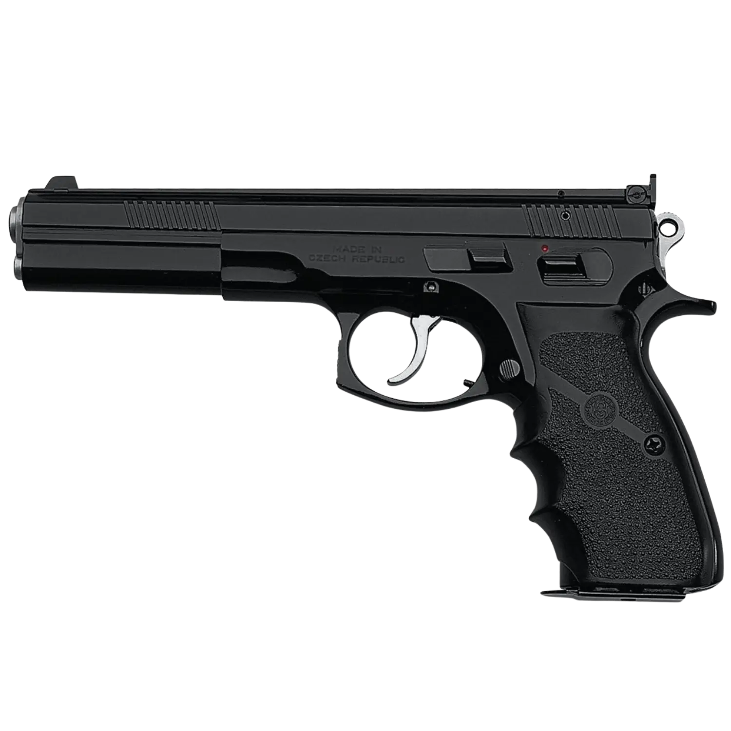 CZ 75 Sport II Kaliber 9mm Luger - Pro Tuning Edition by Oschatz Schwarze halbautomatische Pistole mit gezacktem Griff und Abzug, hergestellt in der Tschechischen Republik.