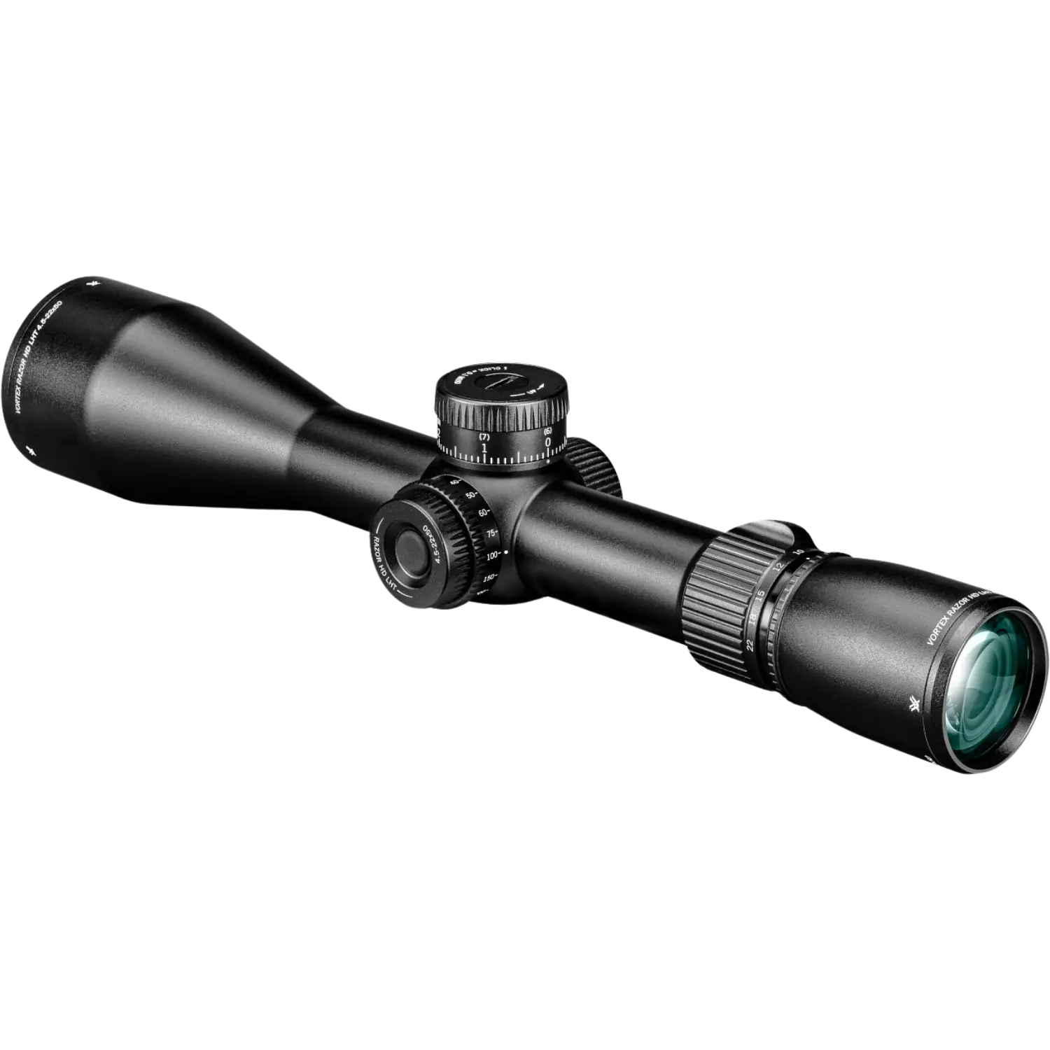 Vortex Razor LHT 4,5-22x50 FFP XLR-2 MRAD, schwarzes Zielfernrohr mit einem langen, schlanken Körper, verstellbaren Turmknöpfen und einem grünen Objektiv.