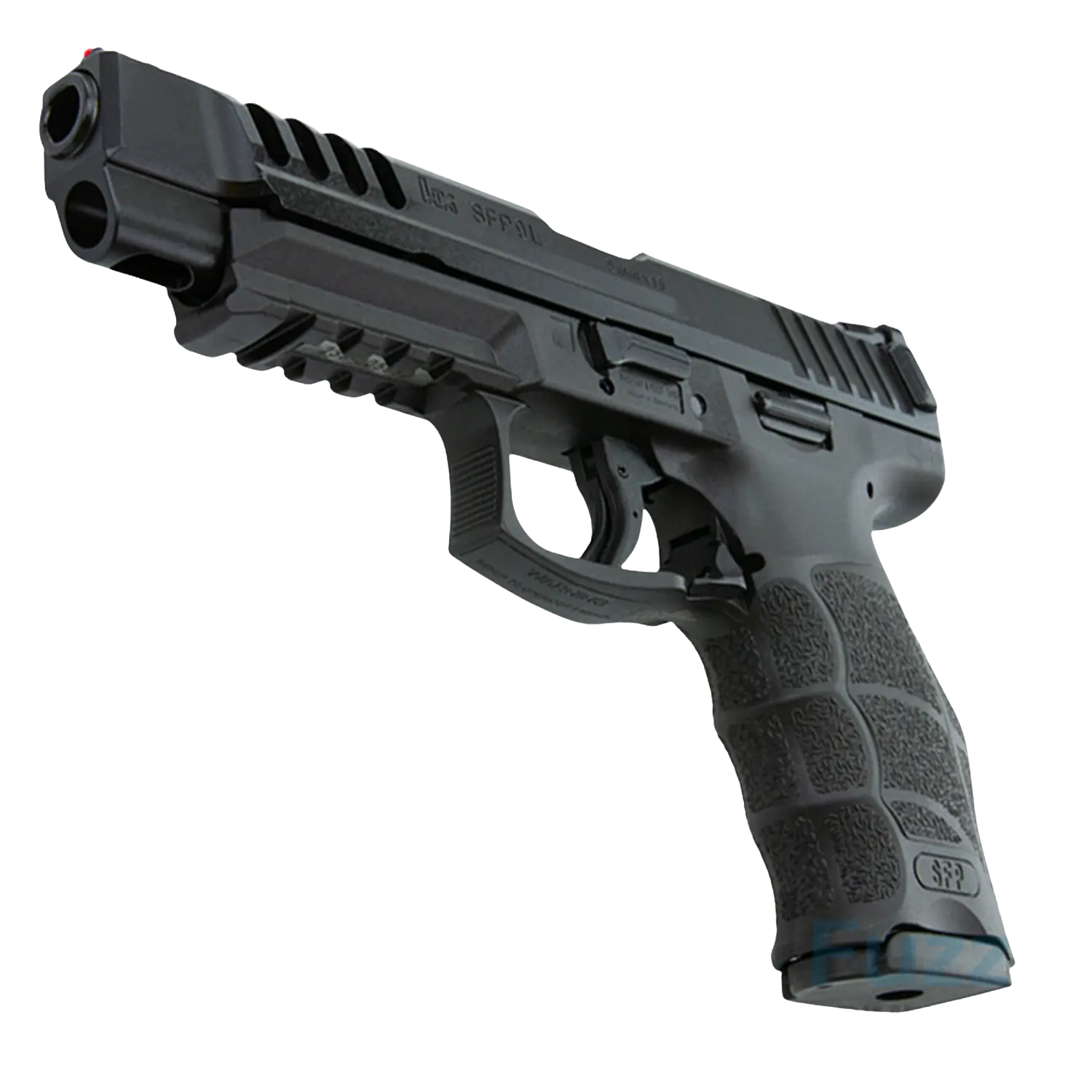 HK SFP9L-SF Kaliber 9mm Luger Schwarzfarbige Handfeuerwaffe, Modell H&K SFP9, mit einem rutschfesten Griff und einer Picatinny-Schiene. Die Mündung ist rot markiert.