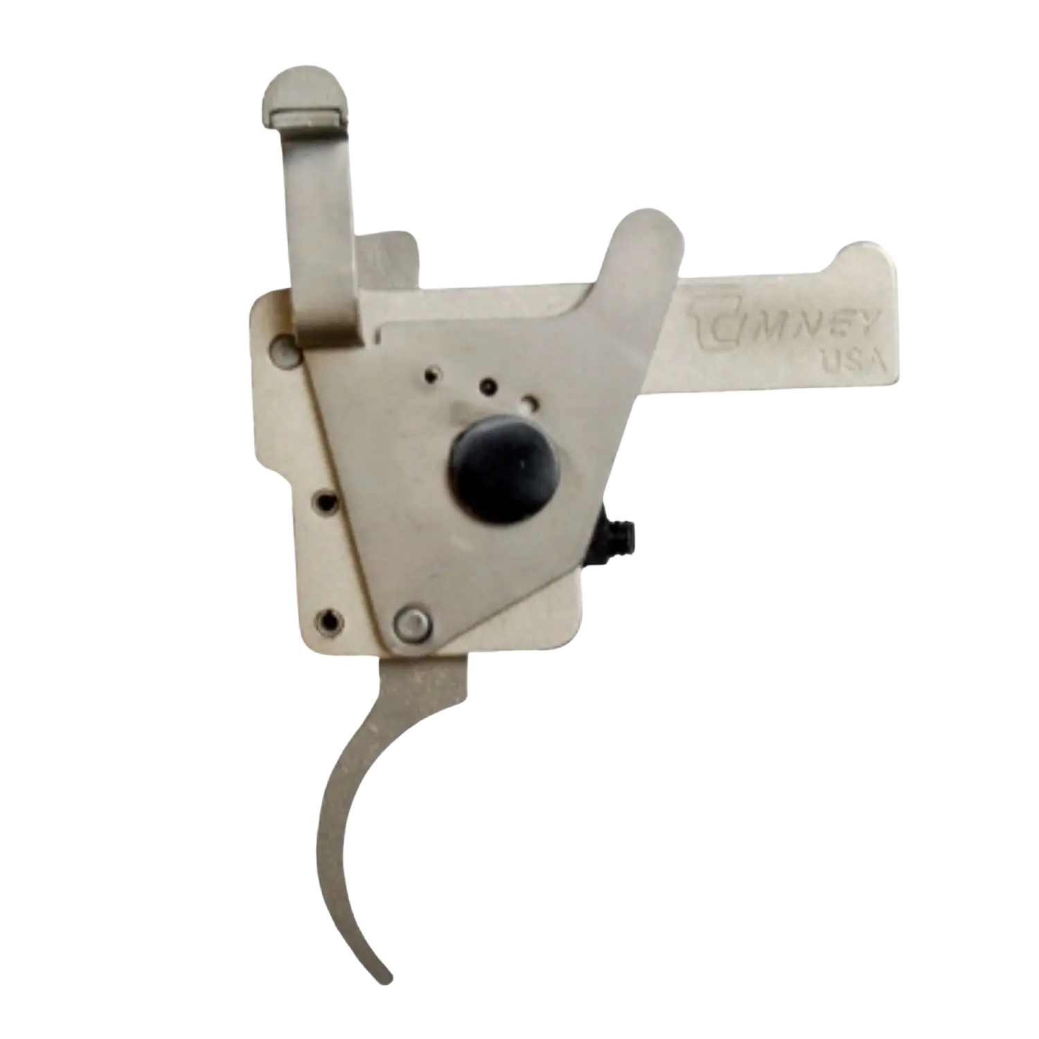 Timney Abzug m/Sicherung 3lbs Weatherby Vanguard / Howa 1500 Metallischer Abzug mit Hebel, schwarzem Knopf und der Gravur 'TIMNEY USA' auf der rechten Seite.