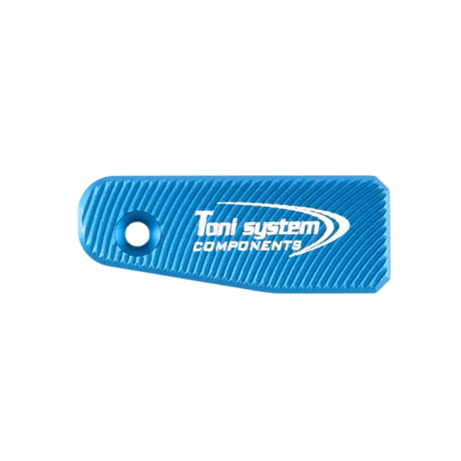 Blauer Verschlussfangknopf aus Kunststoff mit geriffelter Oberfläche und weißem Schriftzug 'Toni system COMPONENTS', mit rundem Loch an einem Ende.