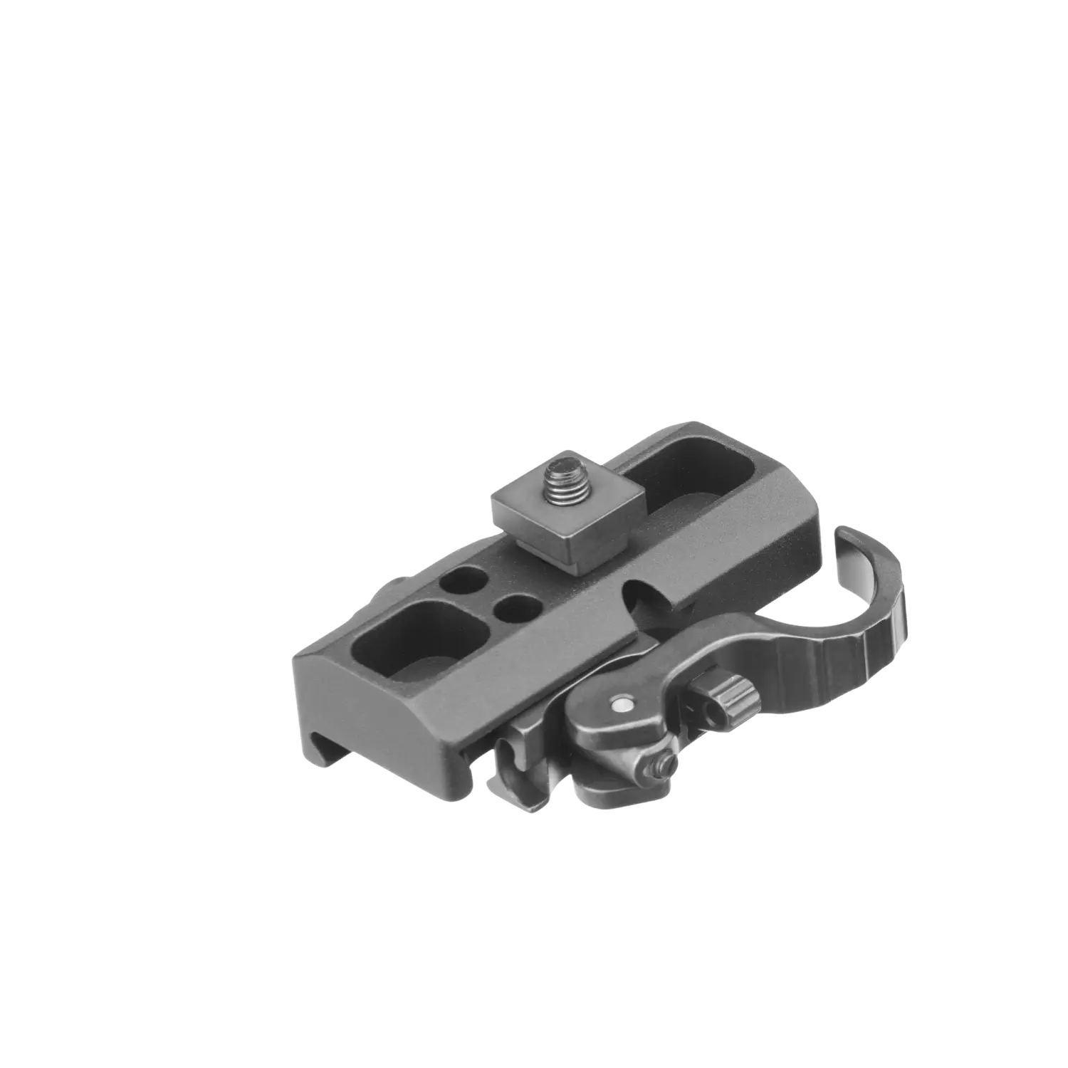 ERATAC Nutenstein-Adapter für Harris-Zweibein I Befestigungsvarianten ERATAC Nutenstein-Adapter aus Metall mit Schnellspannhebel und Schraube zur Befestigung am Harris-Zweibein.