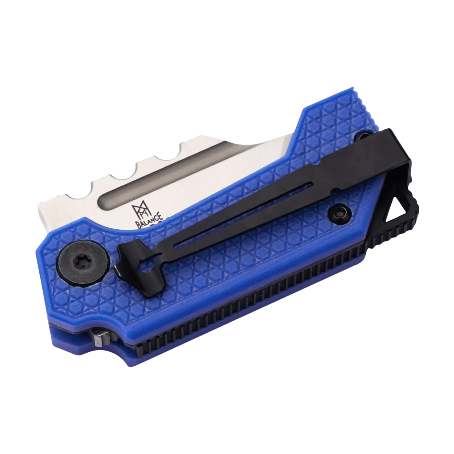 Kleines blaues Taschenmesser mit gezackter Klinge und schwarzem Clip, Marke Balance