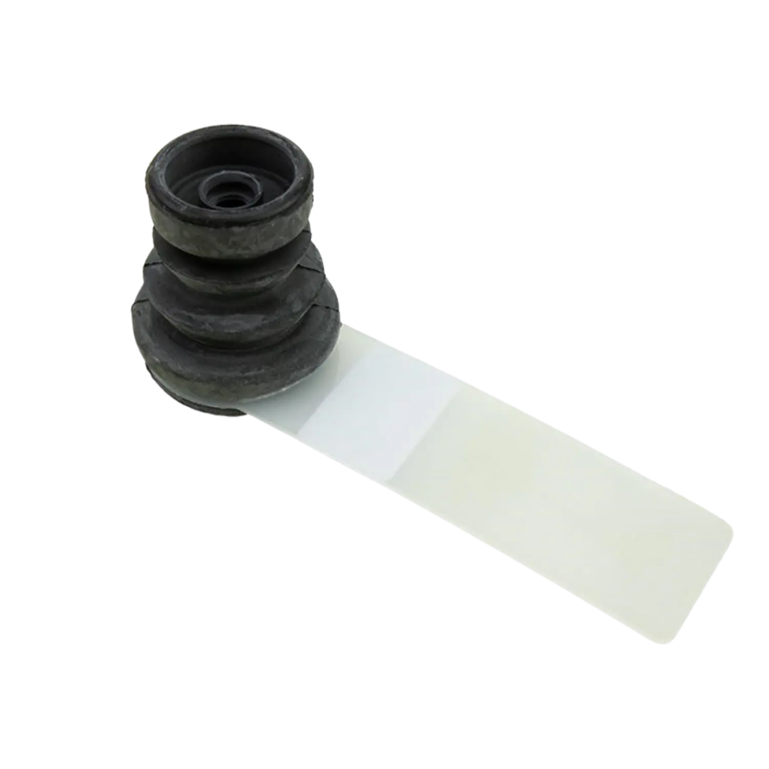 Schwarze Gummiabdeckung mit runder Abdeckscheibe aus transparentem Material, länglich und flach, an der Seite befestigt