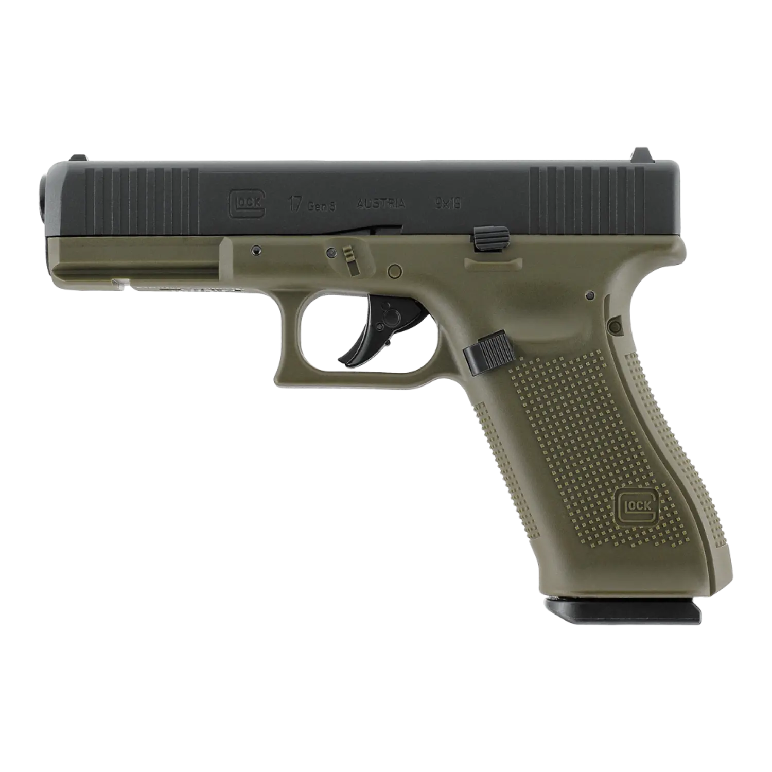 CO2-Pistole Glock 17 Gen4 mit olivgrünem Griff und schwarzem Schlitten, seitliche Ansicht von rechts.