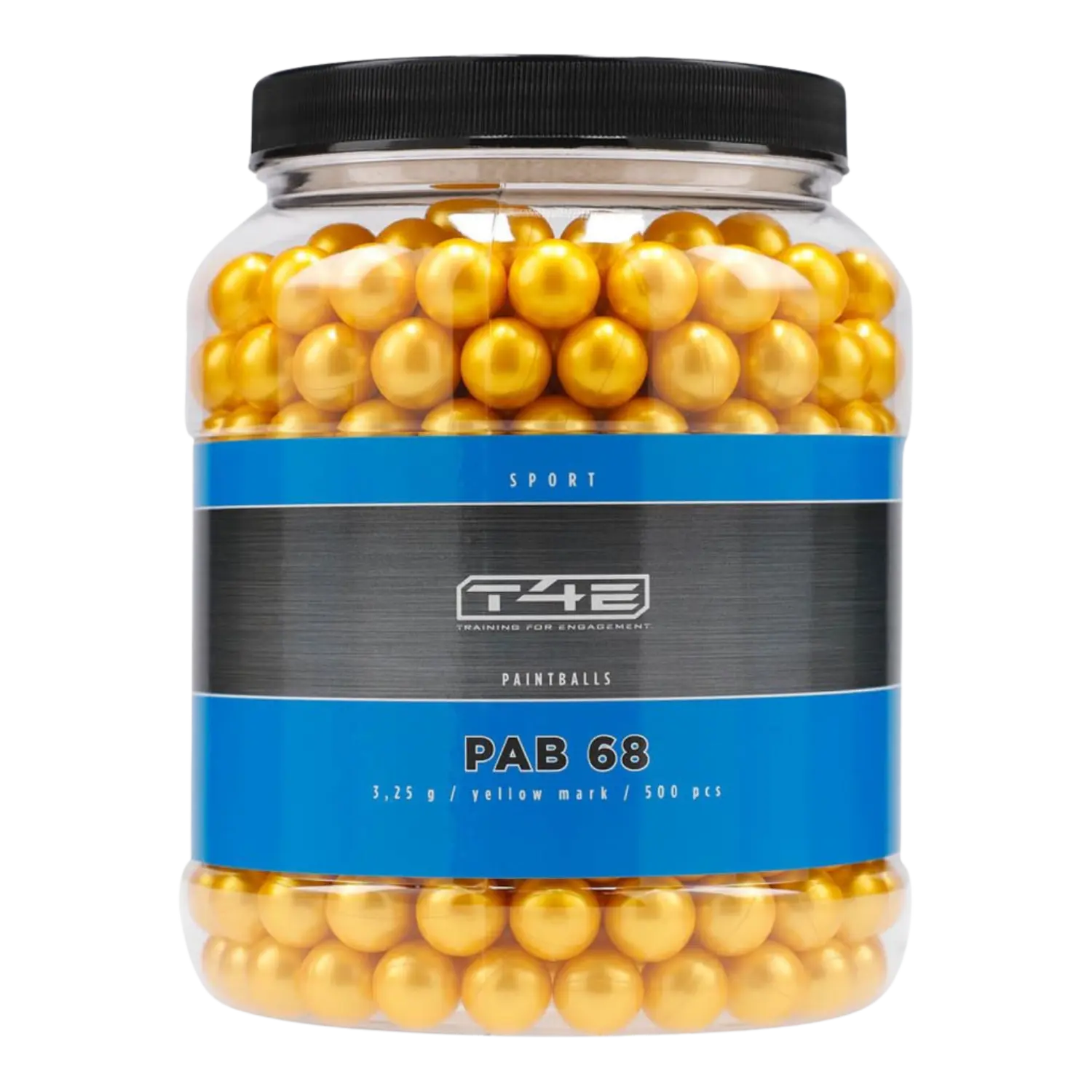 gelbe Paintballkugeln in einem Schraubglas mit blau schwarzer Banderole. Für Kaliber 68