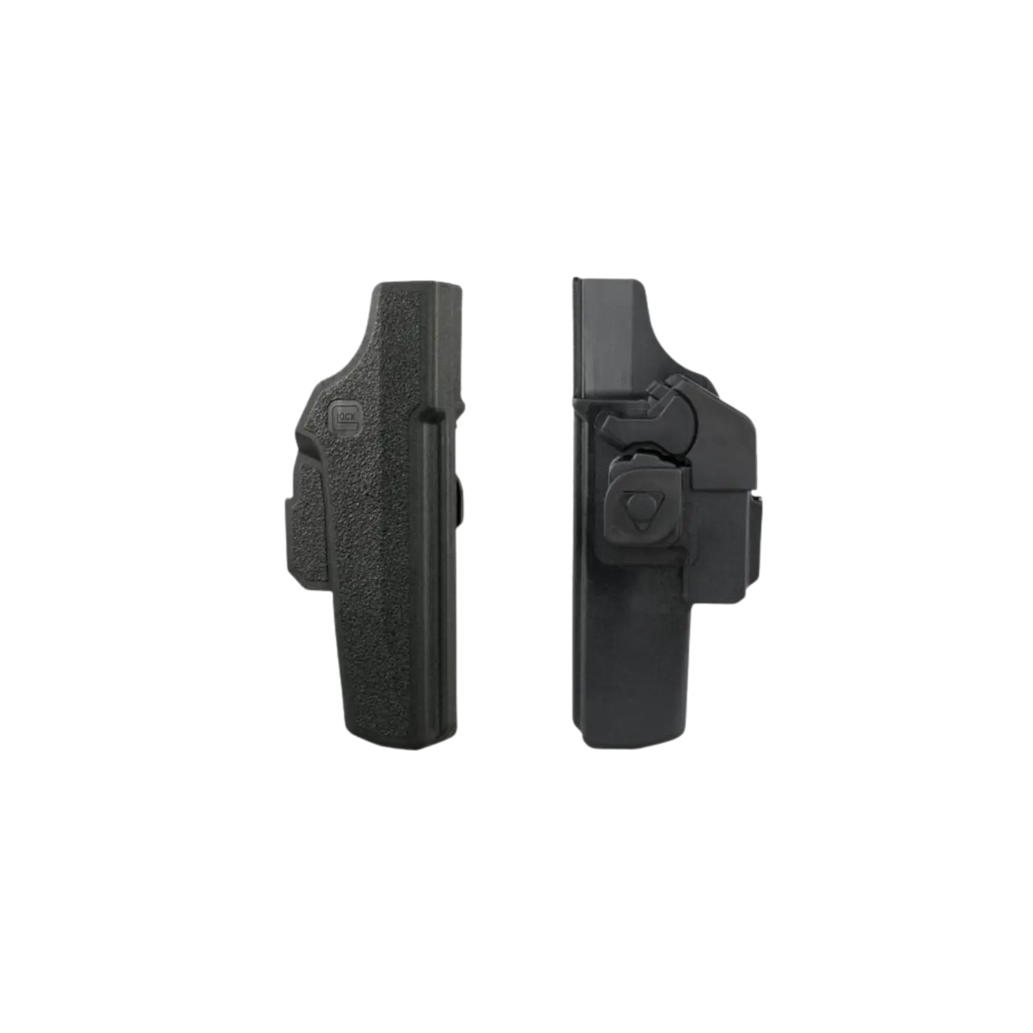 Zwei schwarze GLOCK-Sicherheits-Holster ohne Trageplatte, Vorder- und Seitenansicht links und rechts, für Rechtsanwender.