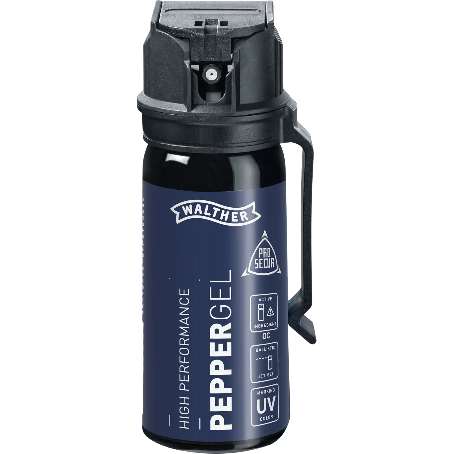 Walther Peppergel, schwarzer Sprühbehälter mit grauem Sprühkopf, enthält aktive Inhaltsstoffe, sichtbare Text: 'HIGH PERFORMANCE' und 'PEPPERGEL'.