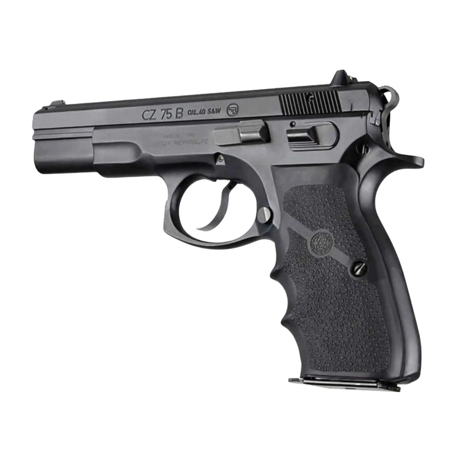 Schwarze halbautomatische Pistole CZ 75 B mit Hogue Griffschalen aus strukturiertem Material und Fingerrillen am Griff.
