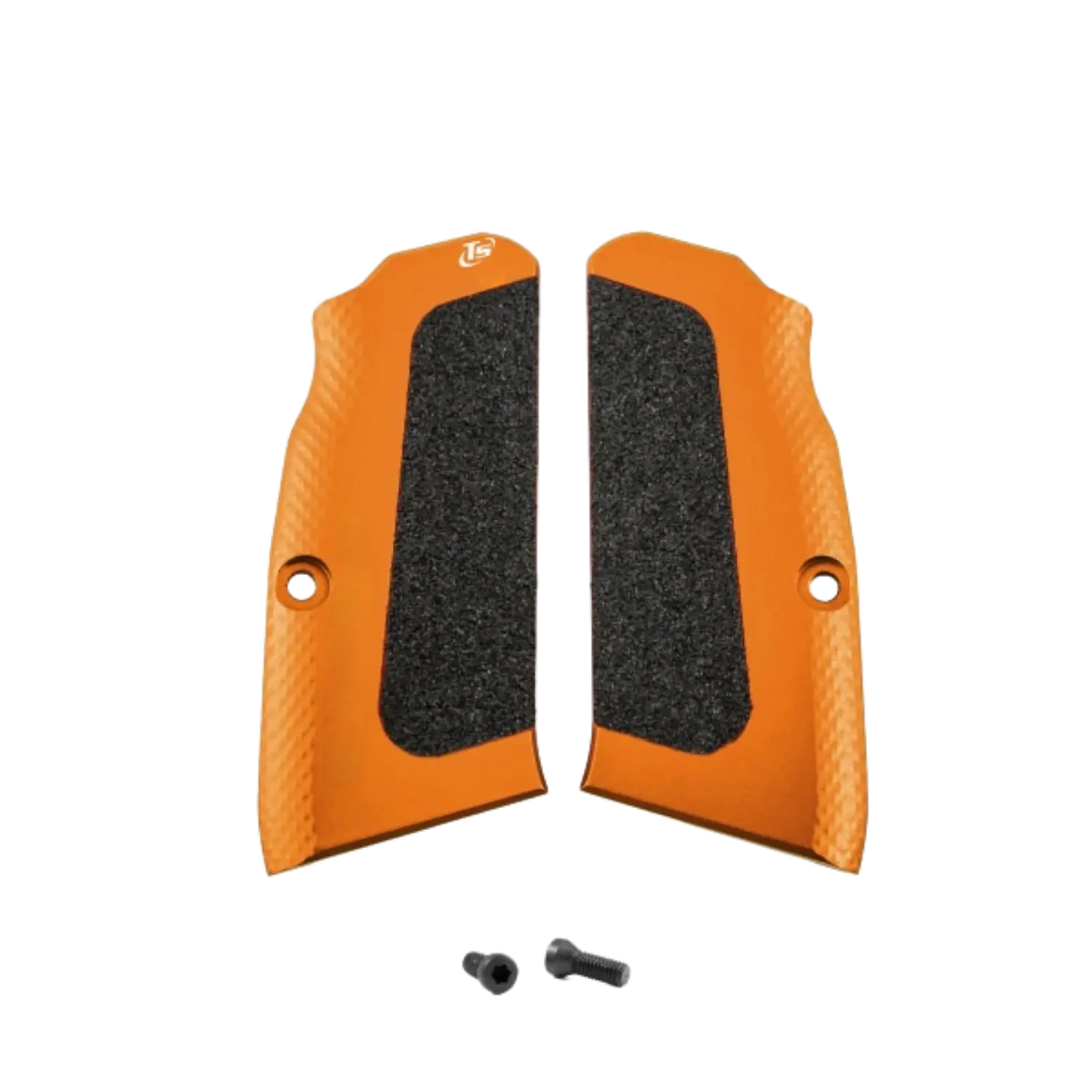 Zwei orangene Toni System High-Grip Griffschalen für Tanfoglio Large Frame lang mit strukturierter Griffoberfläche und Logoaufdruck.