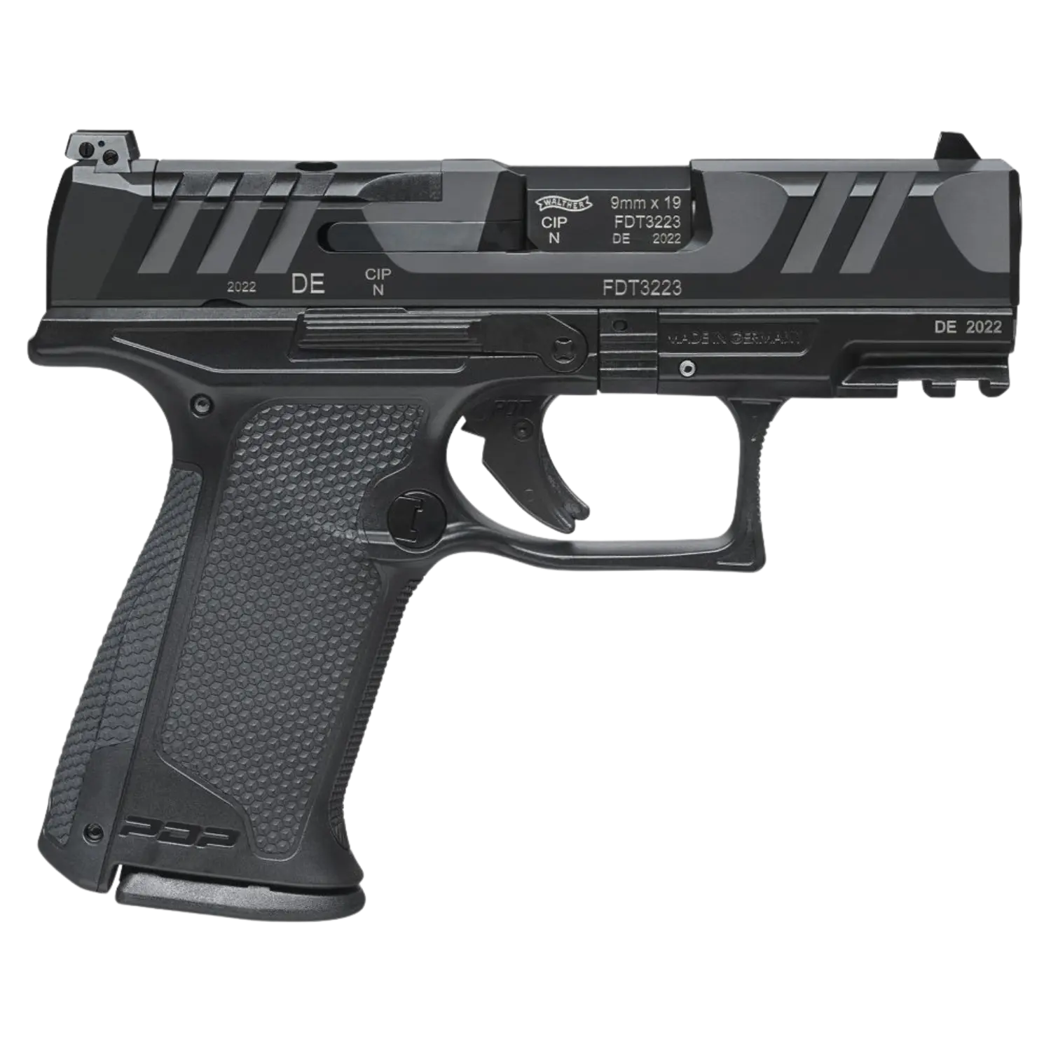 Walther PDP F-Series, 3,5 Zoll, 9mm, schwarze Pistole, rechte Seitenansicht, mit strukturiertem Griff und Picatinny-Schiene.