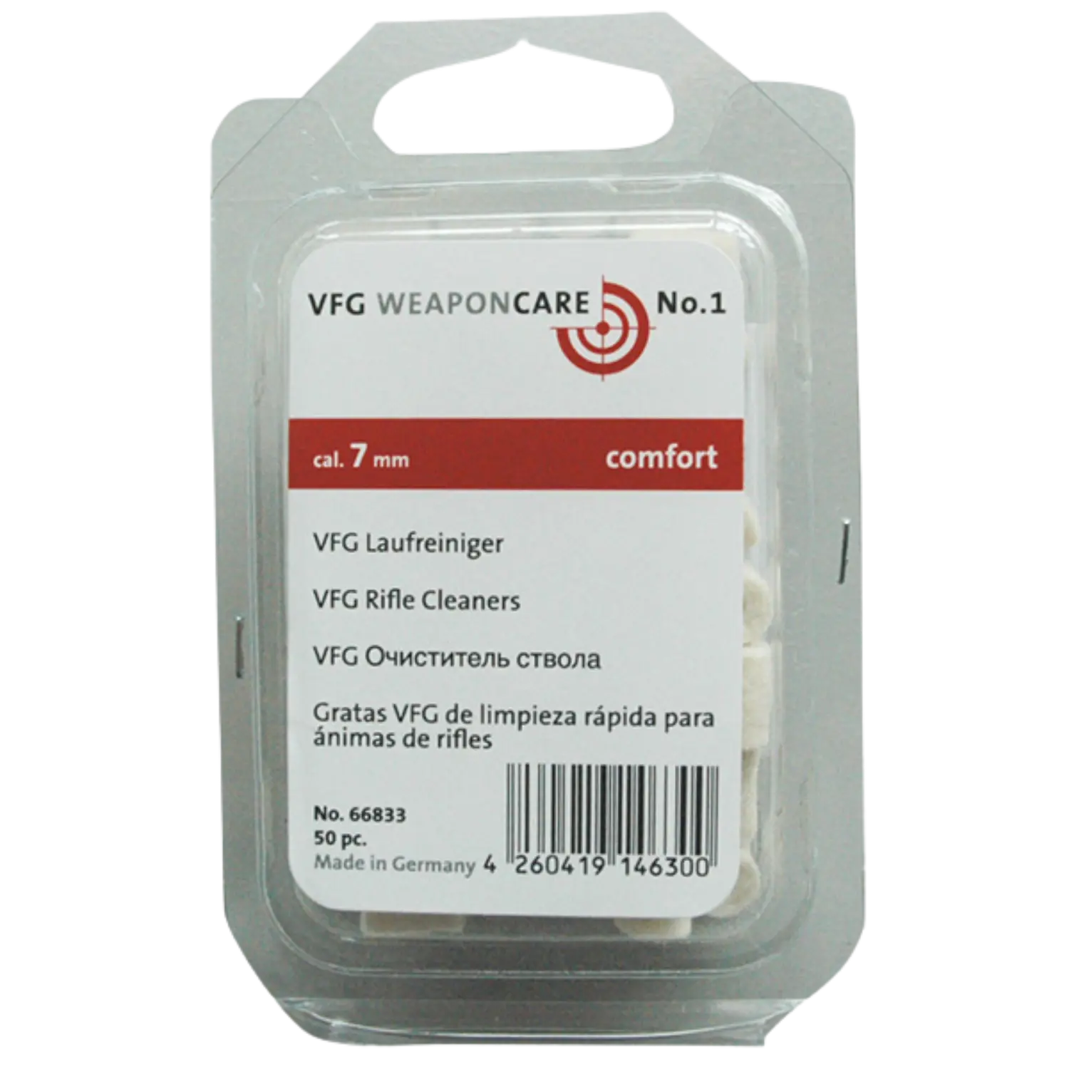 Verpackung mit VFG Laufreiniger No. 1, Kaliber 7 mm, Komfortausführung, 50 Stück, Made in Germany, mehrsprachige Produktbeschreibung und Barcode.