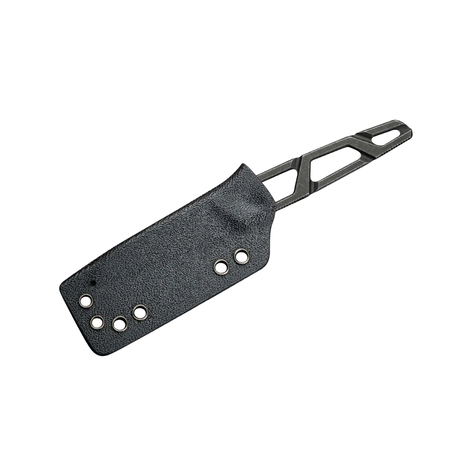 Schwarze Kydex-Scheide mit mehreren Ösen und offenem Griffbereich aus Metall