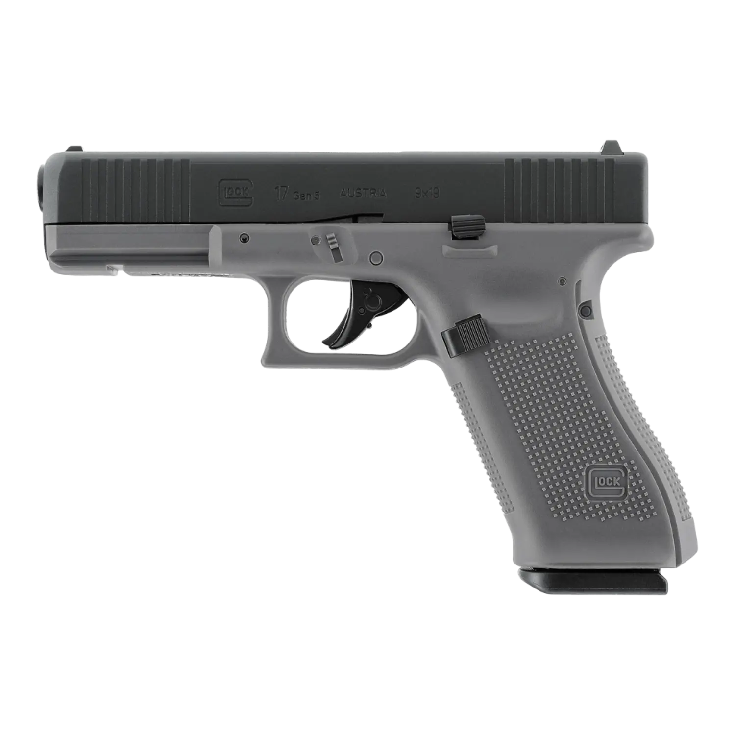 Glock 17 Gen5 BLK-TGR CO2 Pistole Kaliber 4,5mm BB CO2-Pistole Glock 17, grauer Griff mit strukturierter Oberfläche, schwarzer Schlitten, sichtbare Sicherung und Abzug, Seitenansicht rechts Bitte p